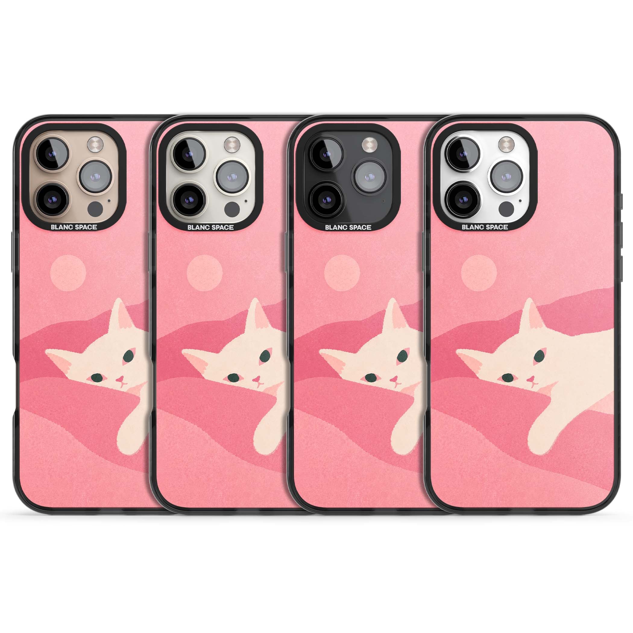 Pink Dreams cute cat iPhone case featuring a white kitten, soft pink hills and a pale pastel sun | Black Impact case for iPhone 16 Pro, iPhone 16 Pro Max
