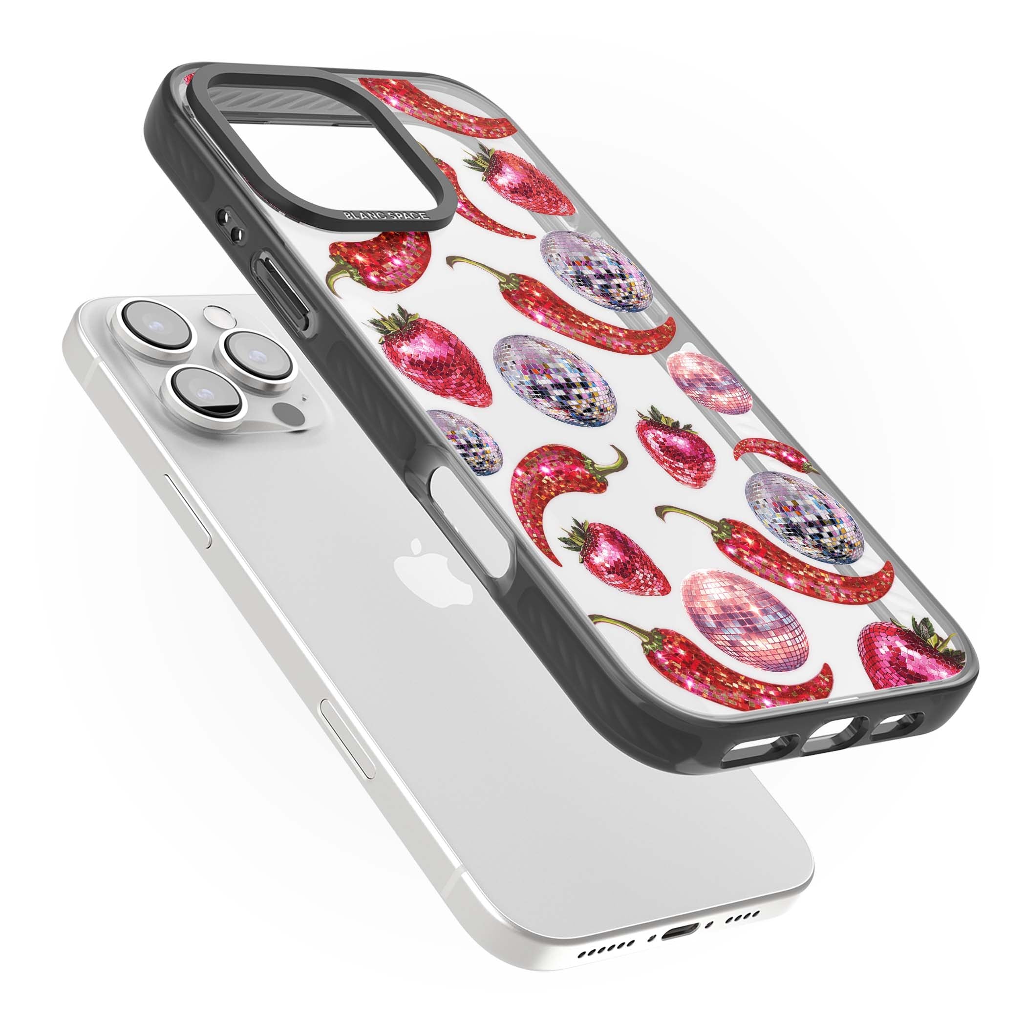 Spicy Disco Y2K iPhone case featuring glitter disco balls, sparkly strawberries and red chilli peppers | Black Impact case for iPhone 16 Pro, iPhone 16 Pro Max