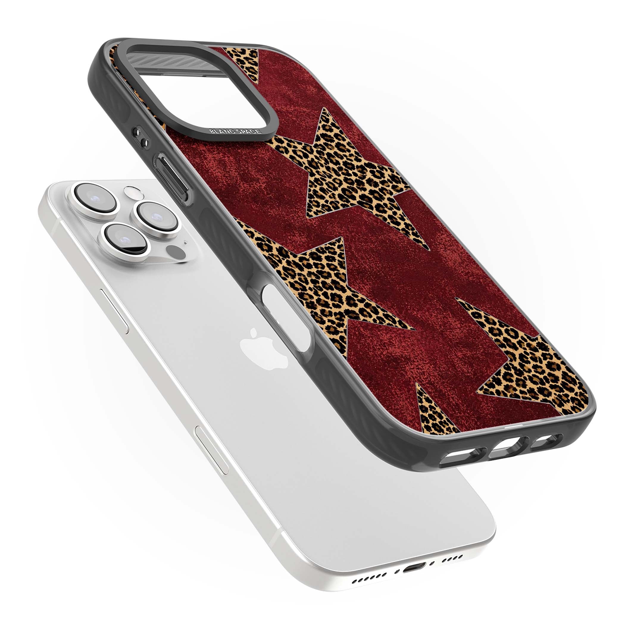 Showgirl leopard print iPhone case featuring cheetah print stars on distressed red grunge background | Black Impact case for iPhone 16 Pro, iPhone 16 Pro Max