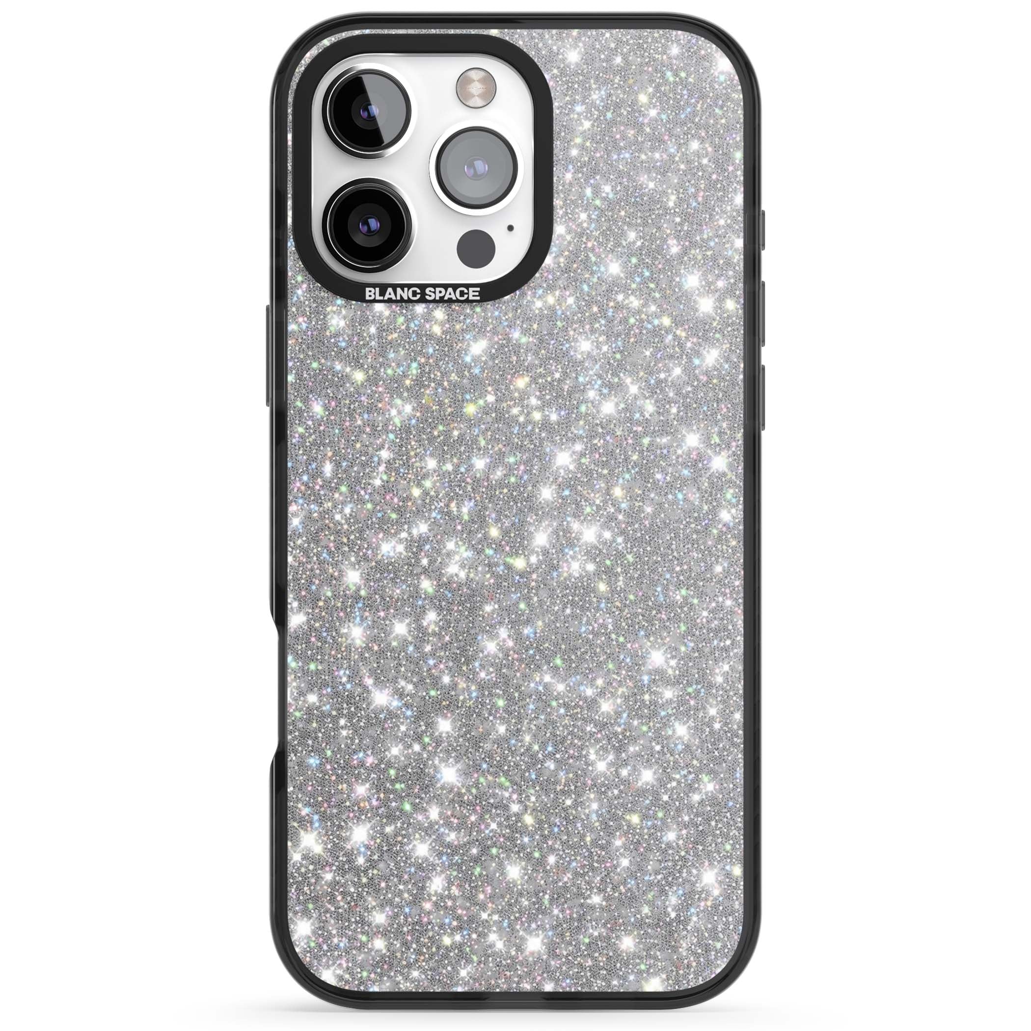 Diamond glam iPhone case featuring silver glitter sparkle and shimmering diamond dust effect | Black Impact case for iPhone 16 Pro, iPhone 16 Pro Max