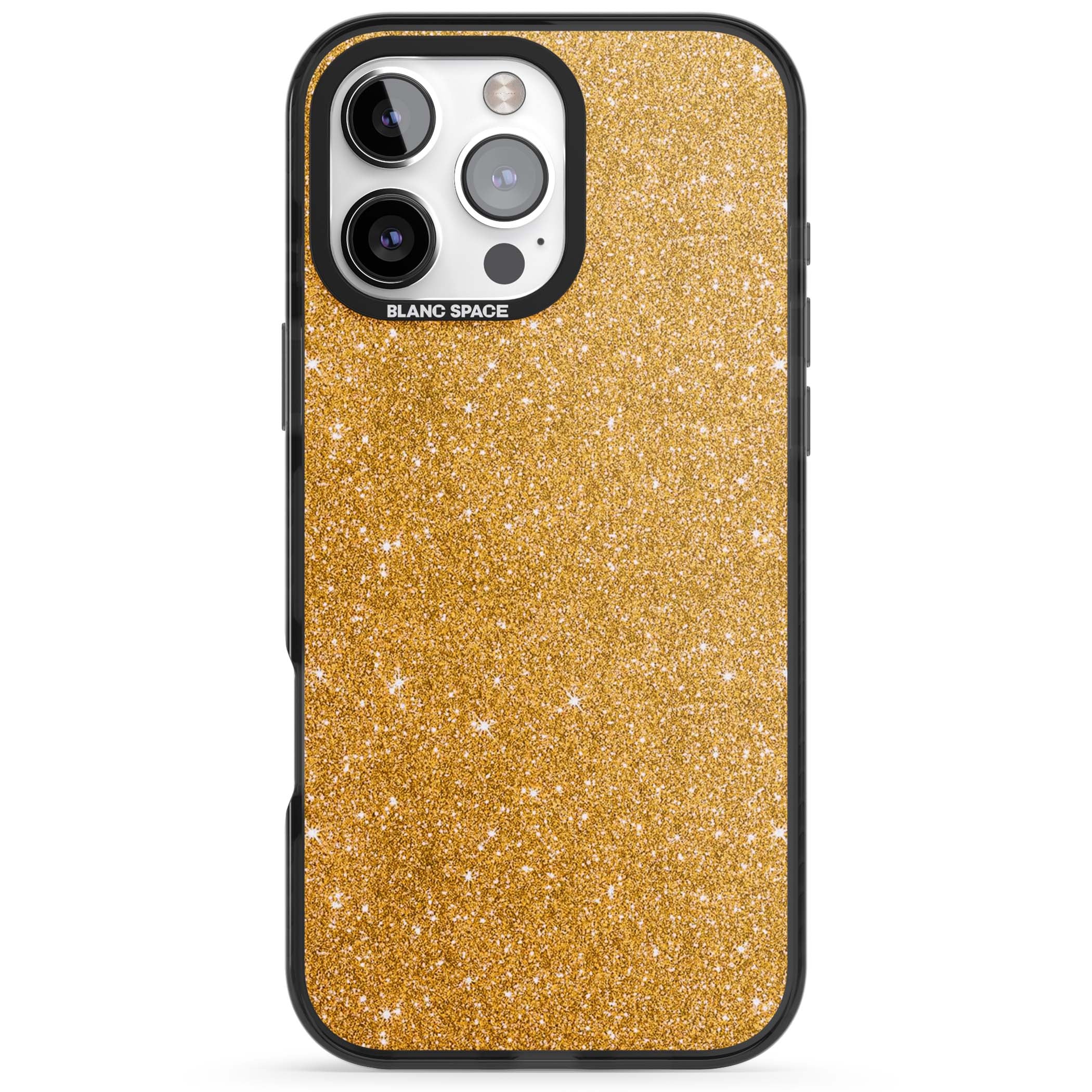 Gold Glitter gold glitter iPhone case featuring a shimmering sparkle wallpaper design in luxury gold | Black Impact case for iPhone 16 Pro, iPhone 16 Pro Max