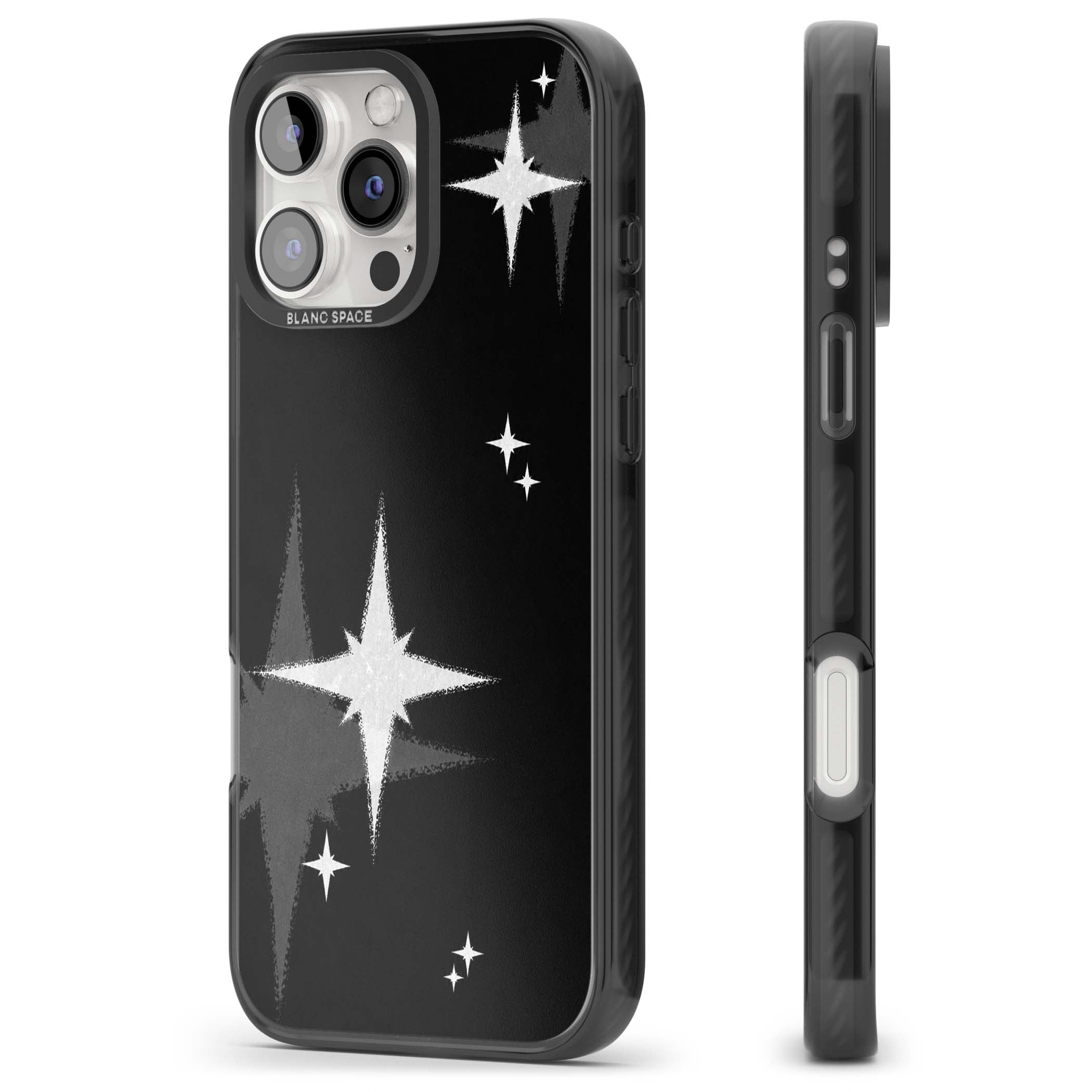 Black Sparkle celestial iPhone case featuring white sparkle stars on a black night sky background | Black Impact case for iPhone 16 Pro, iPhone 16 Pro Max