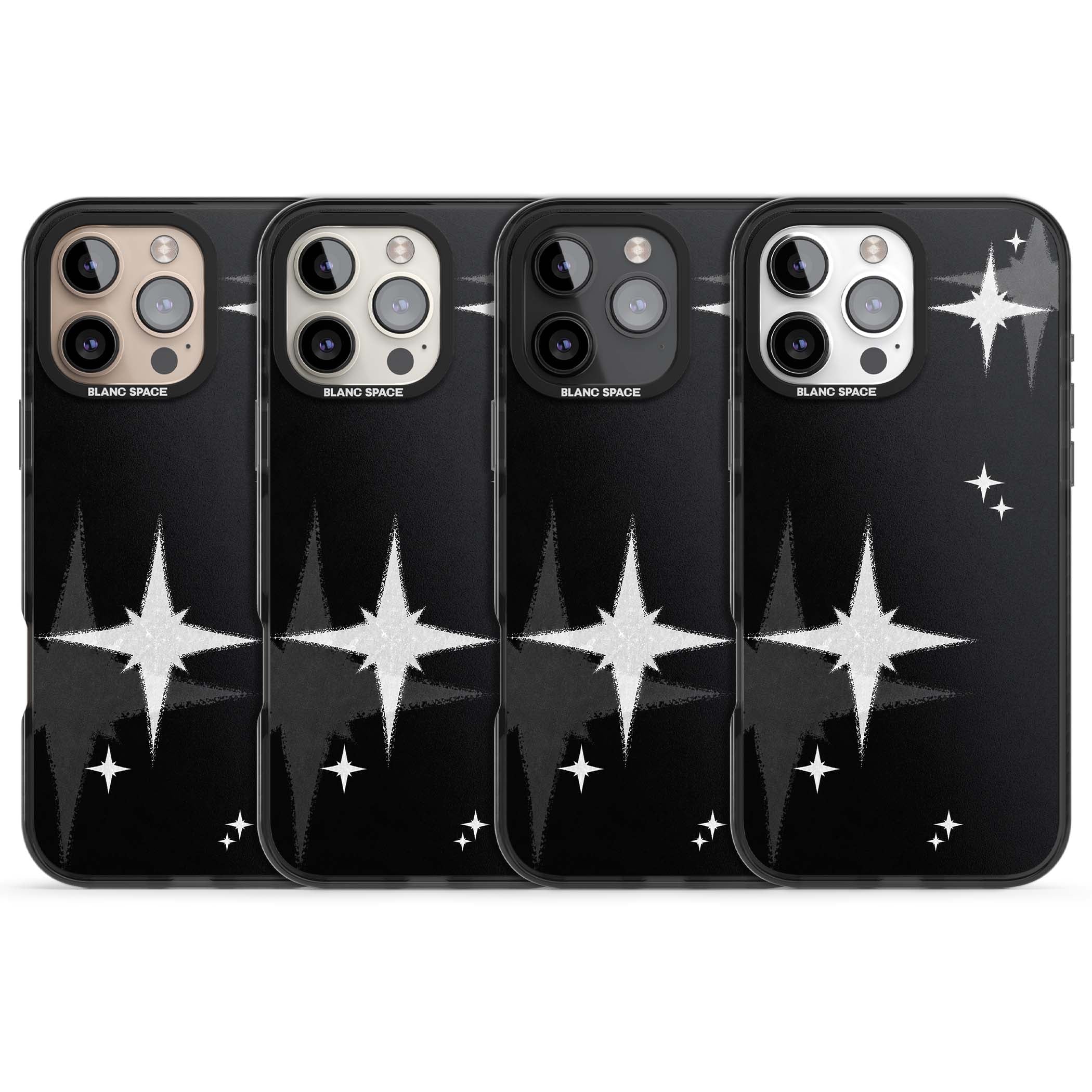 Black Sparkle celestial iPhone case featuring white sparkle stars on a black night sky background | Black Impact case for iPhone 16 Pro, iPhone 16 Pro Max