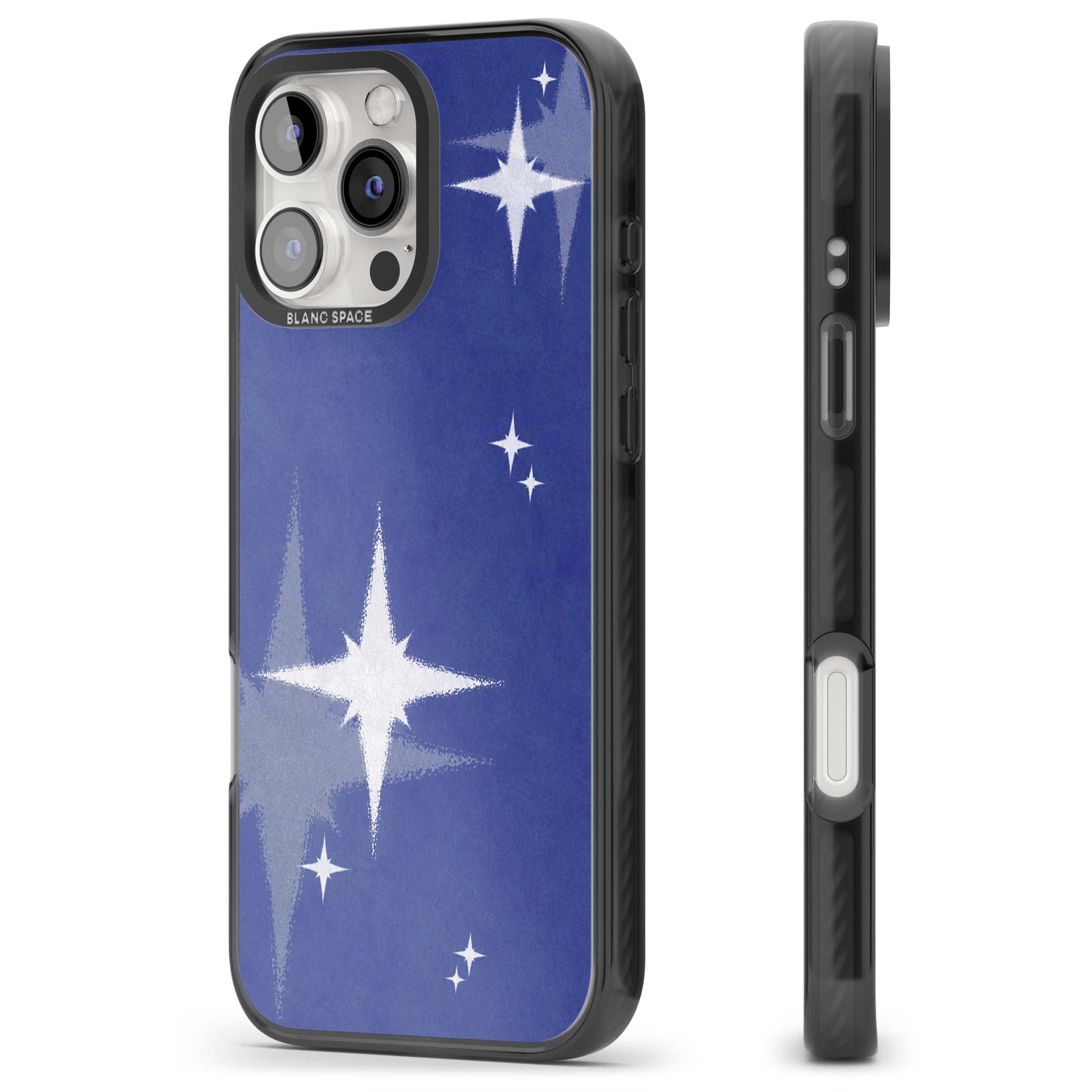 Blue Sparkle celestial iPhone case featuring sparkling silver stars on a deep blue painterly night sky | Black Impact case for iPhone 16 Pro, iPhone 16 Pro Max