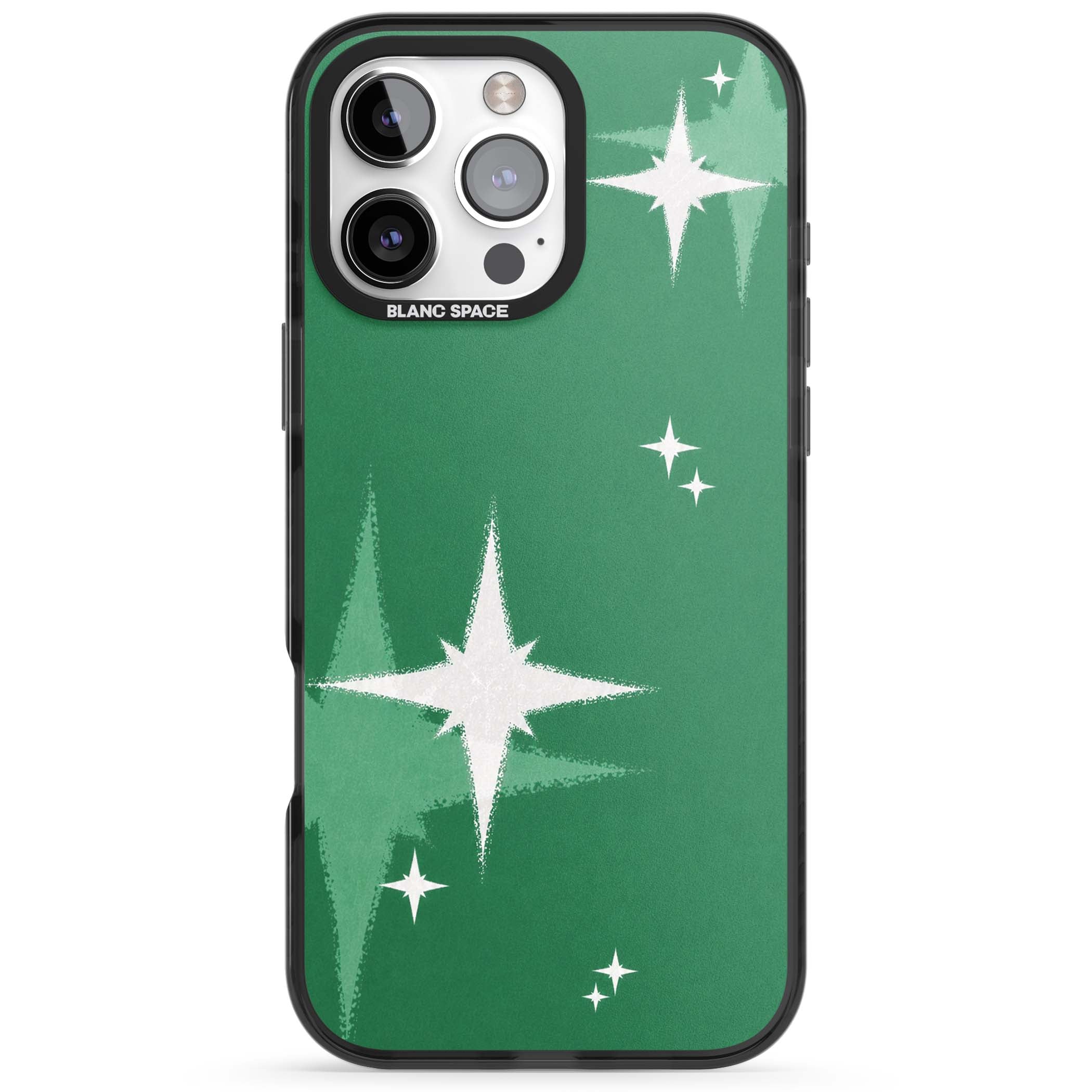 Green Sparkle celestial iPhone case featuring sparkling white four-point stars on a deep green background | Black Impact case for iPhone 16 Pro, iPhone 16 Pro Max