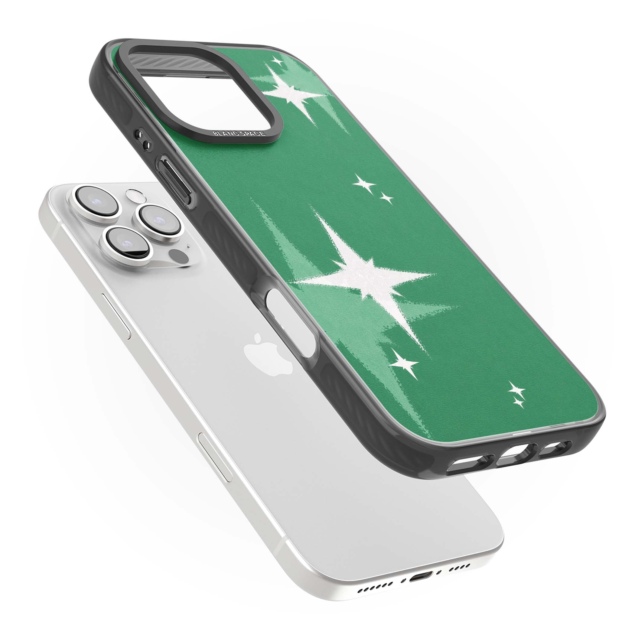 Green Sparkle celestial iPhone case featuring sparkling white four-point stars on a deep green background | Black Impact case for iPhone 16 Pro, iPhone 16 Pro Max