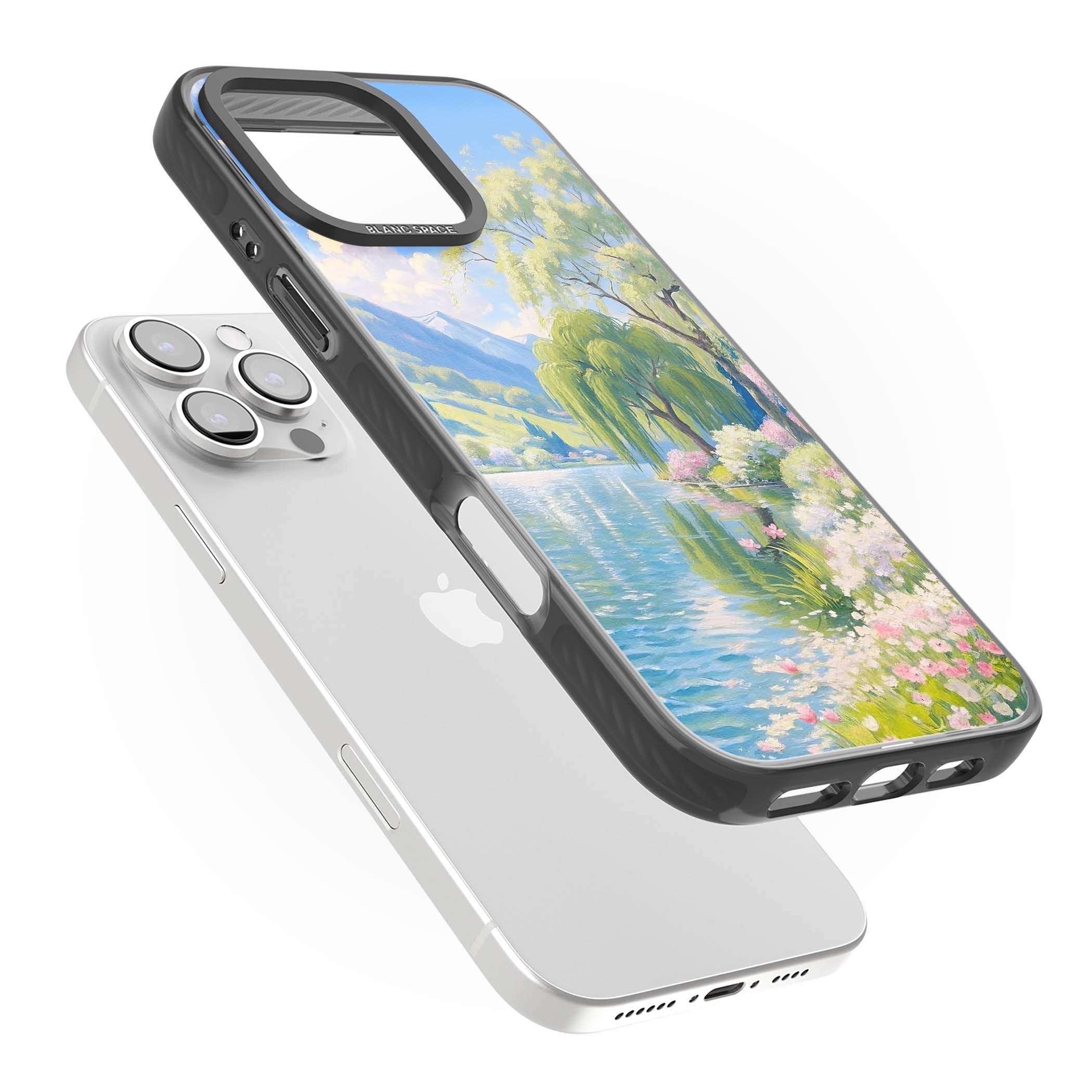 Willow Lake cottagecore iPhone case featuring a painted lakeside with weeping willow, blossoms and distant mountains | Black Impact case for iPhone 16 Pro, iPhone 16 Pro Max