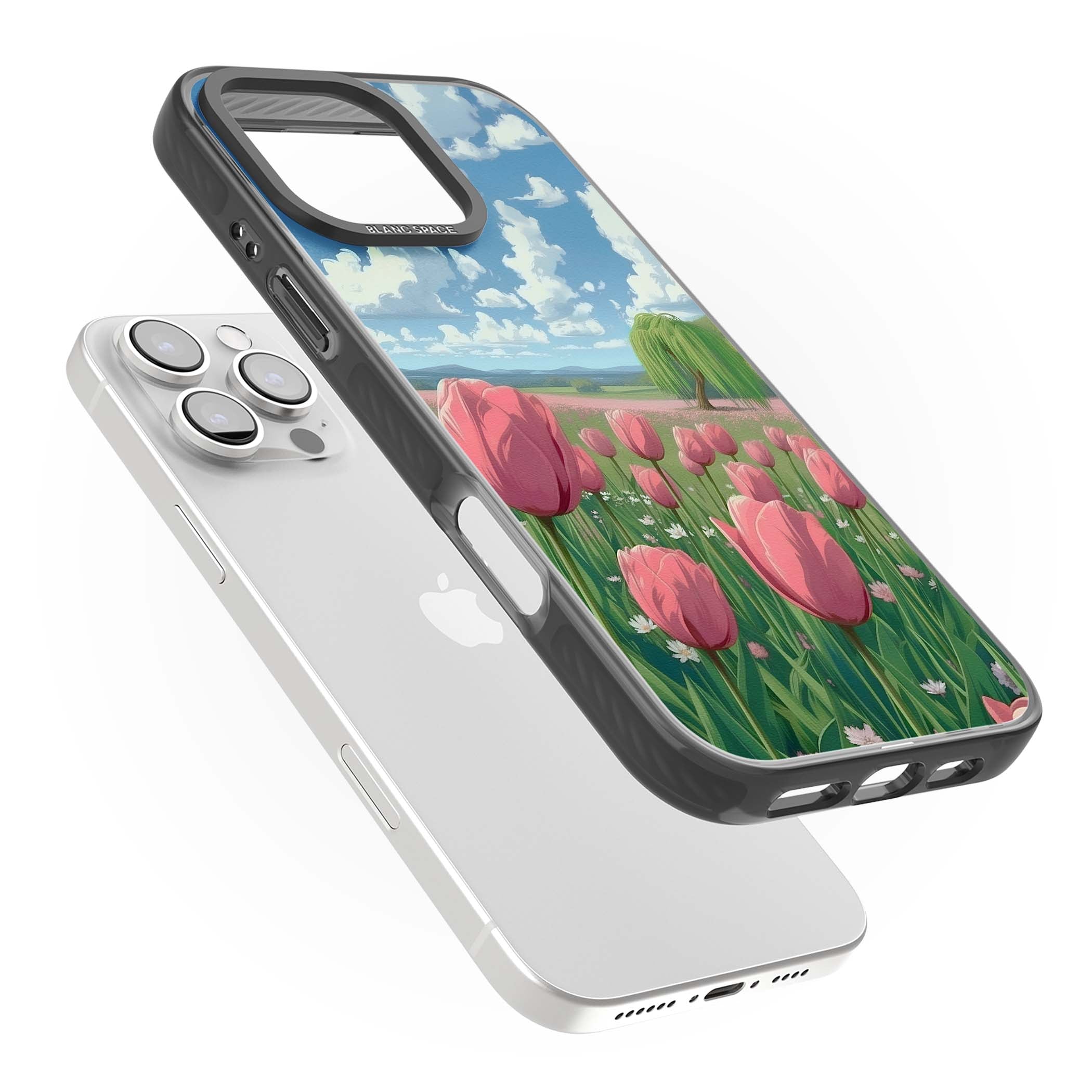 Willow By The Pink Tulips floral iPhone case | Black Impact case for iPhone 16 Pro, iPhone 16 Pro Max