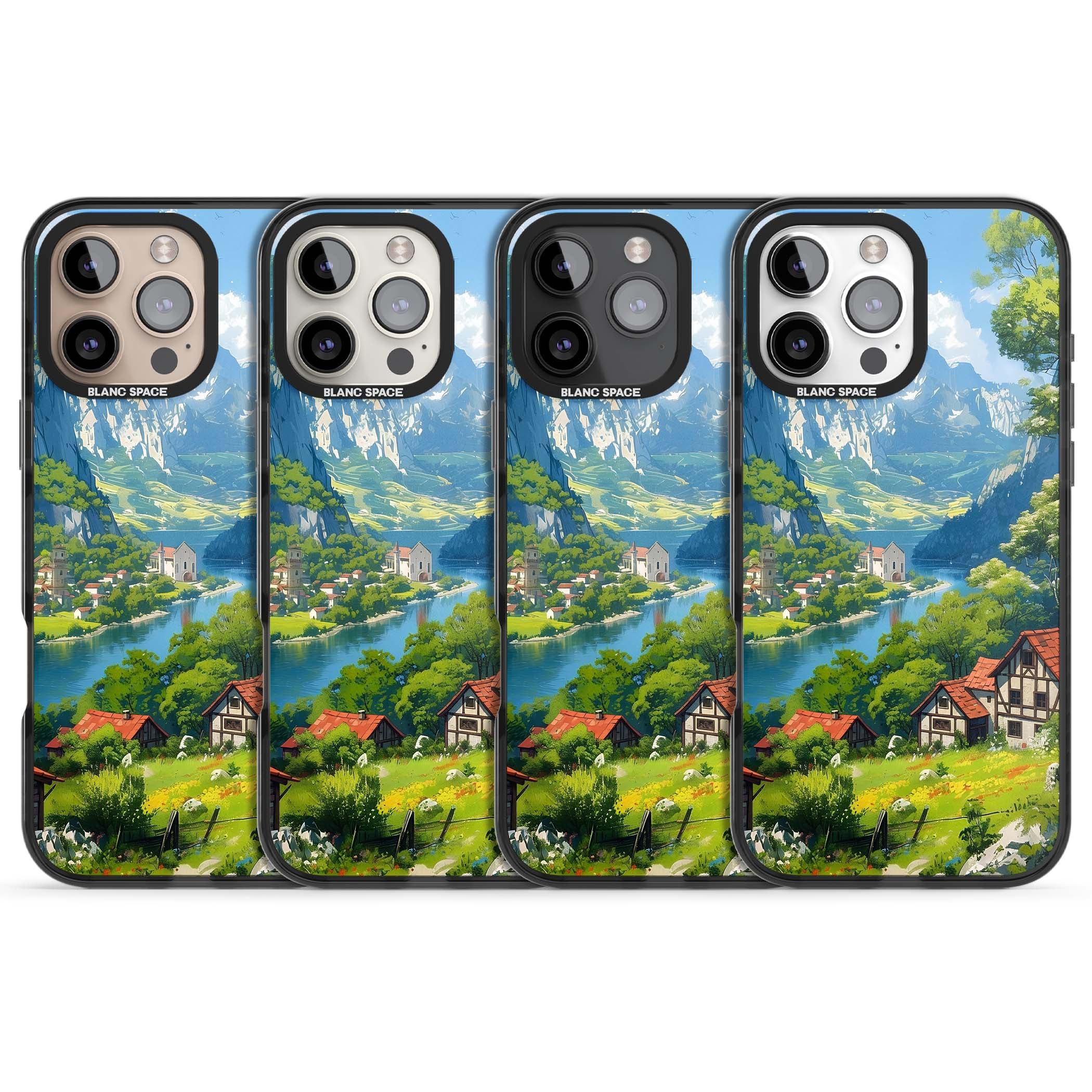 Village In The Valley anime iPhone case featuring a painted mountain village, river valley and half-timbered cottages. | Black Impact case for iPhone 16 Pro, iPhone 16 Pro Max
