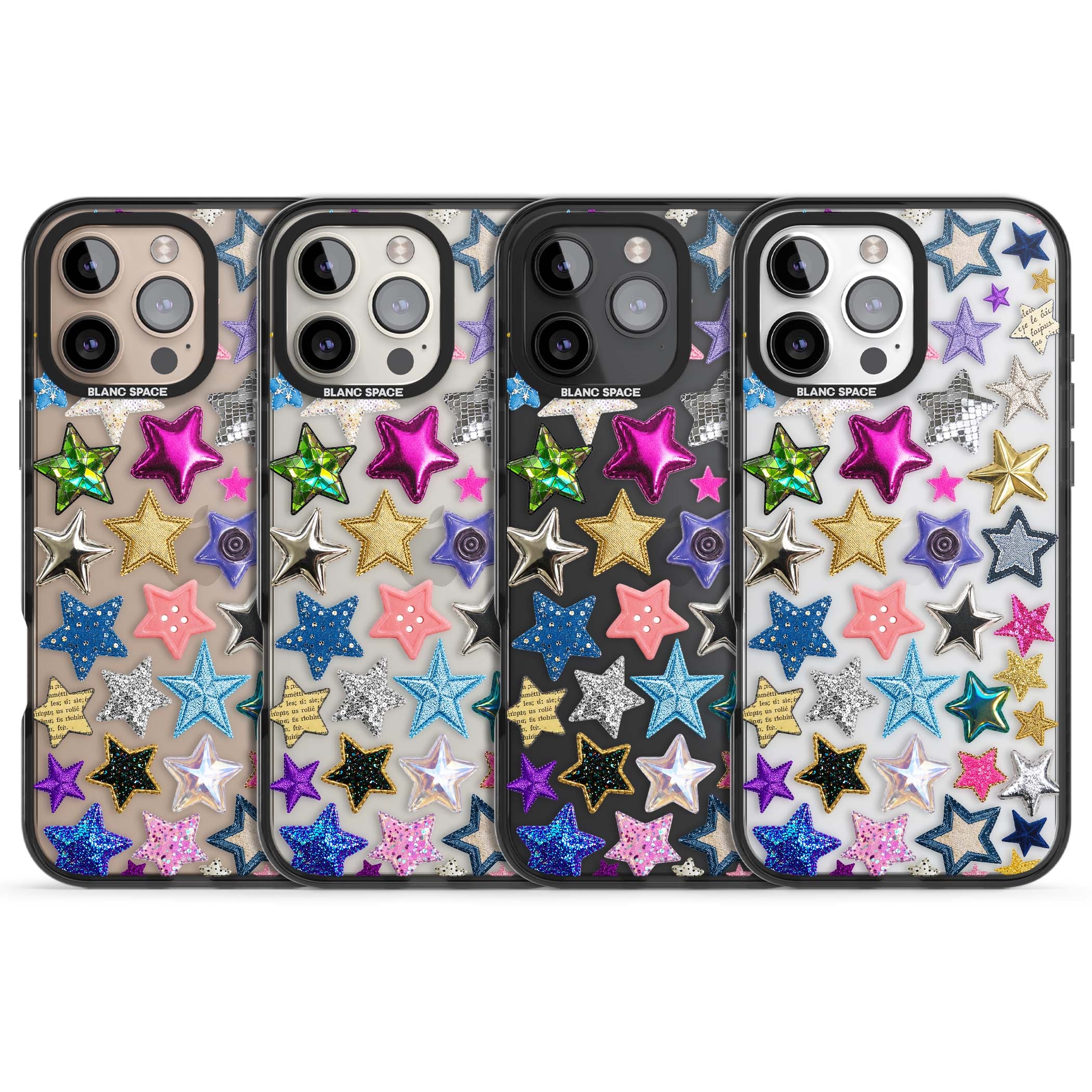 Crafty Star Mix Y2K iPhone case featuring embroidered, sequinned and glitter star patches in rainbow colours | Black Impact case for iPhone 16 Pro, iPhone 16 Pro Max