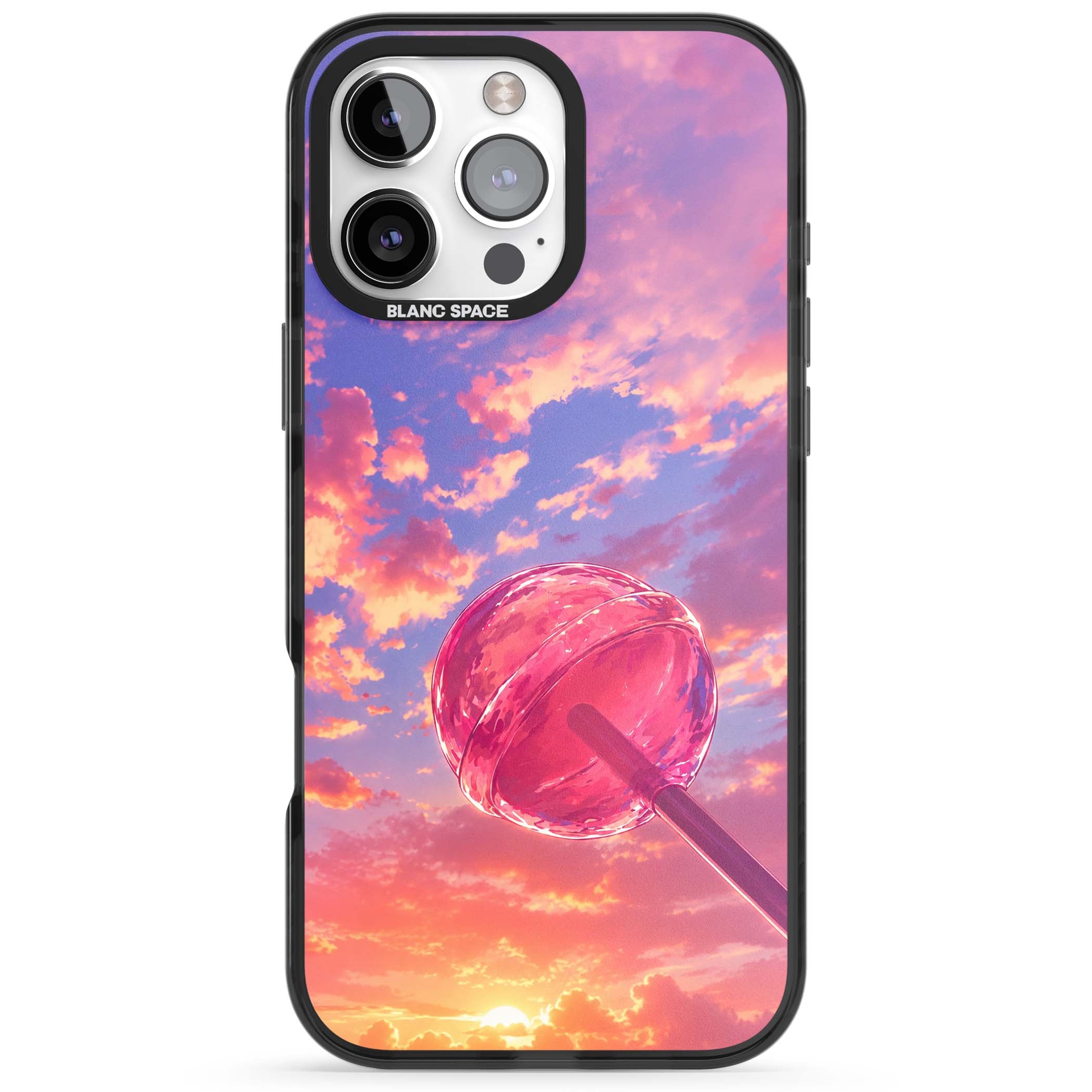 Sugar Sunset candy aesthetic iPhone case featuring a pink lollipop, pastel sunset sky and dreamy clouds | Black Impact case for iPhone 16 Pro, iPhone 16 Pro Max