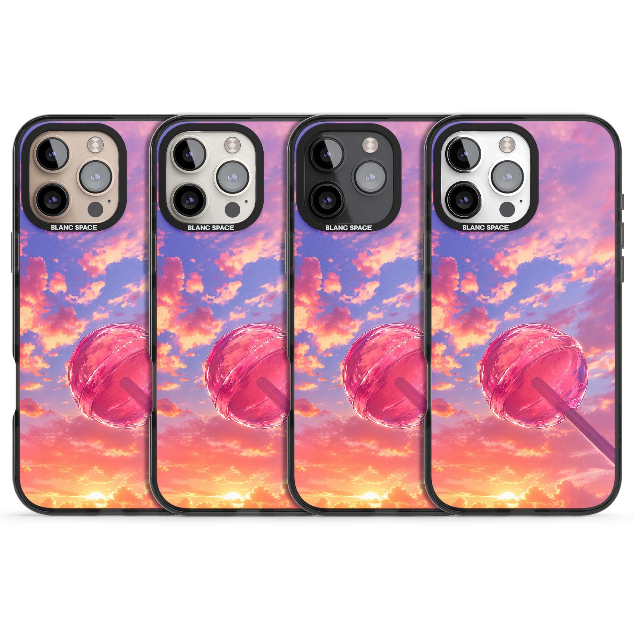 Sugar Sunset candy aesthetic iPhone case featuring a pink lollipop, pastel sunset sky and dreamy clouds | Black Impact case for iPhone 16 Pro, iPhone 16 Pro Max