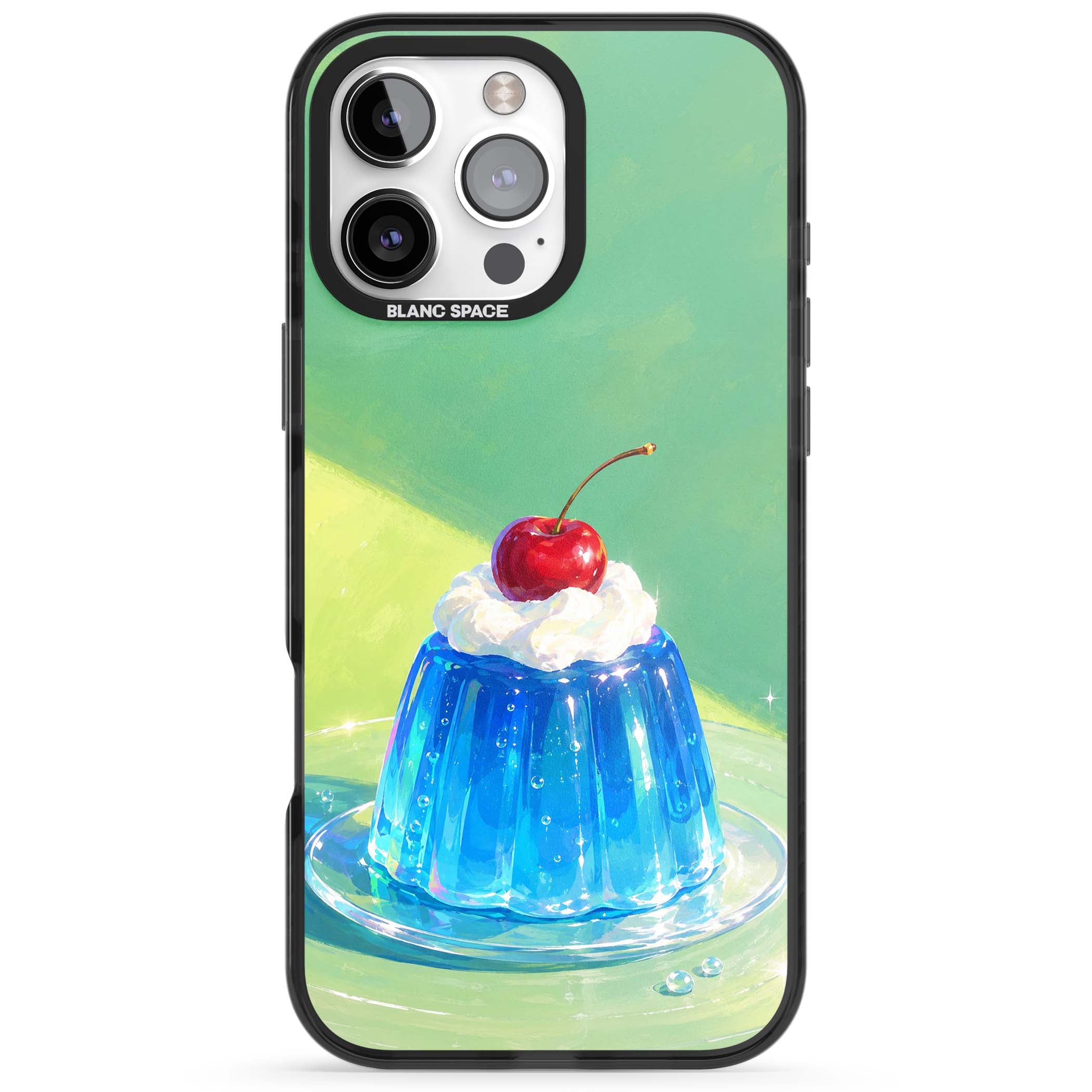 Cherry Jelly kawaii dessert iPhone case featuring blue jelly pudding, whipped cream and a red cherry | Black Impact case for iPhone 16 Pro, iPhone 16 Pro Max