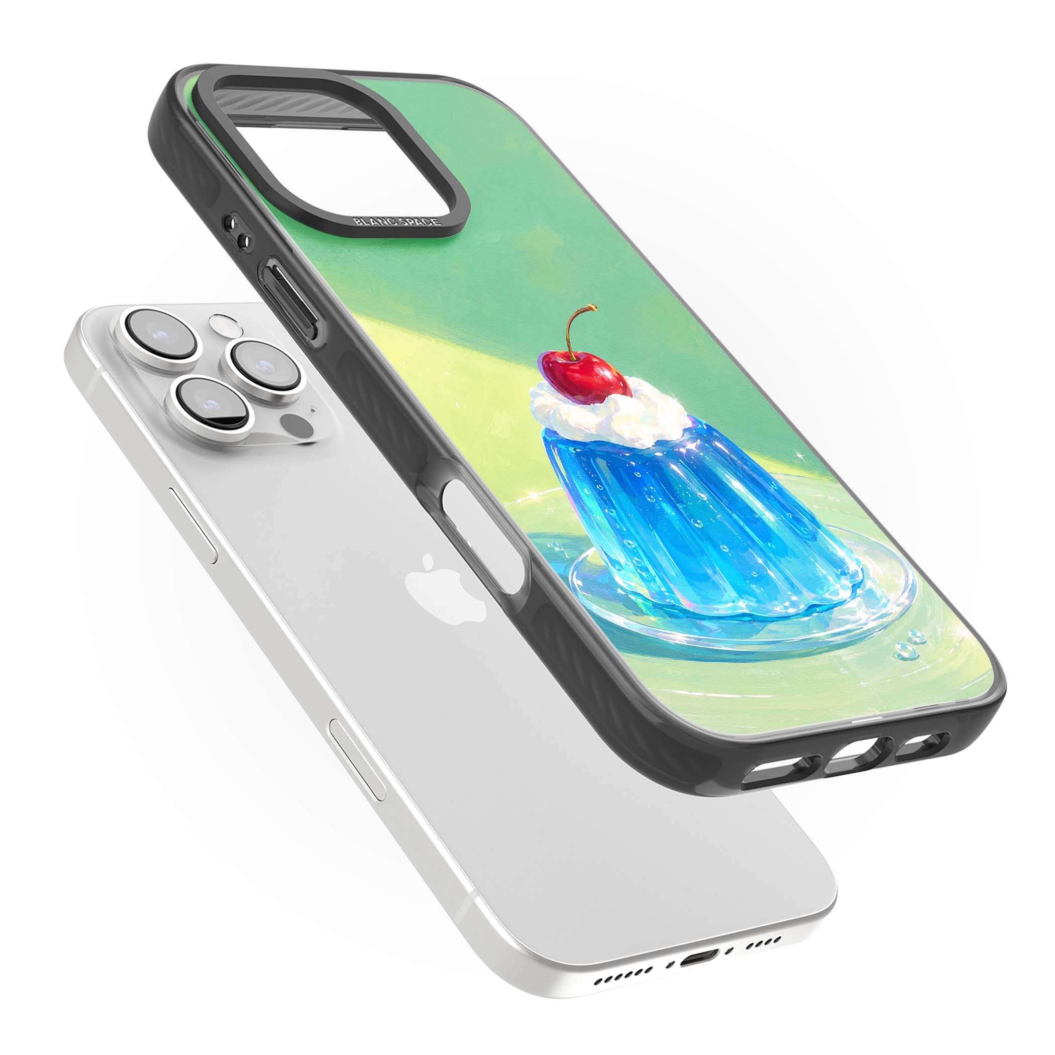 Cherry Jelly kawaii dessert iPhone case featuring blue jelly pudding, whipped cream and a red cherry | Black Impact case for iPhone 16 Pro, iPhone 16 Pro Max