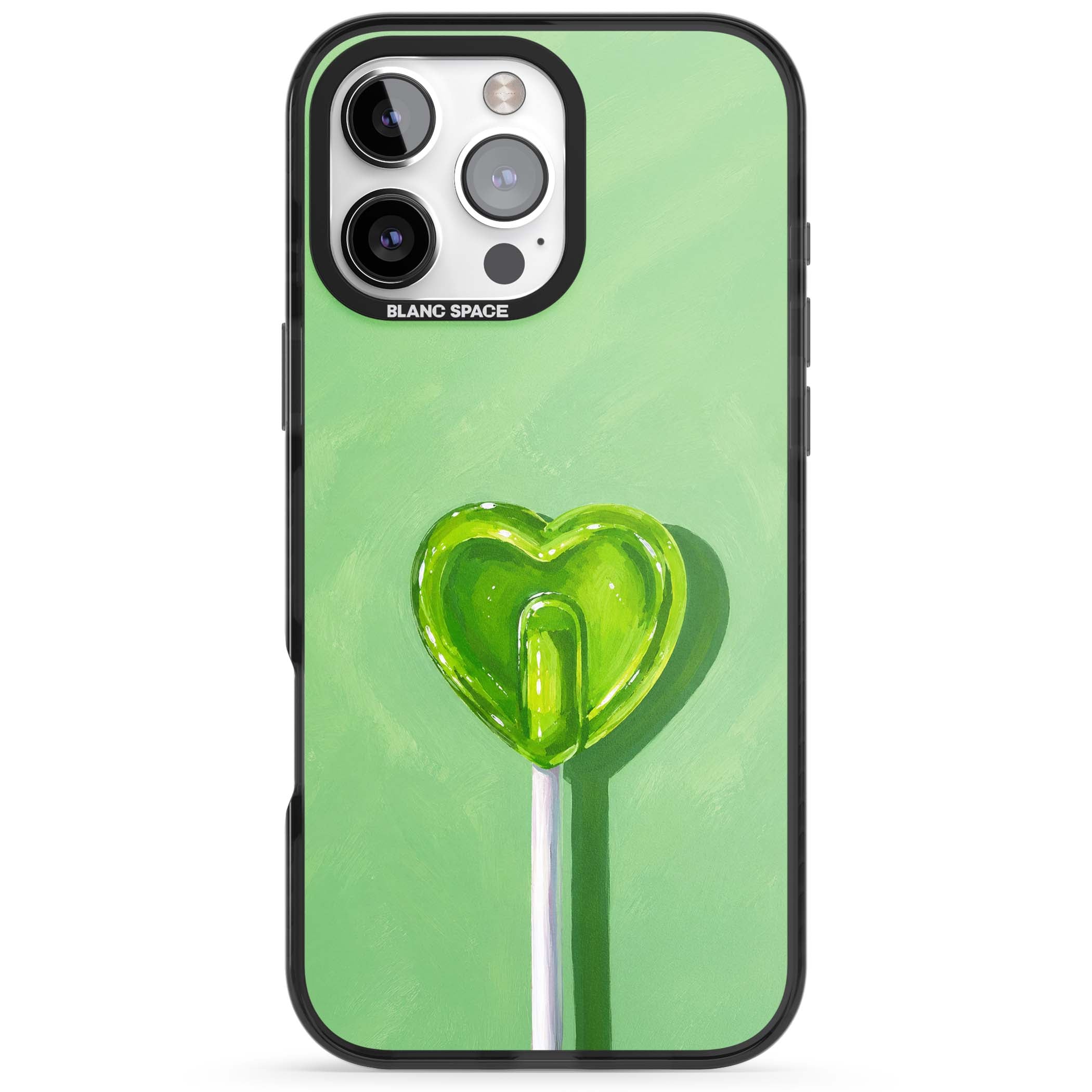 Green Lollipop candy art iPhone case featuring a glossy green heart-shaped lollipop on a painted pastel green background | Black Impact case for iPhone 16 Pro, iPhone 16 Pro Max