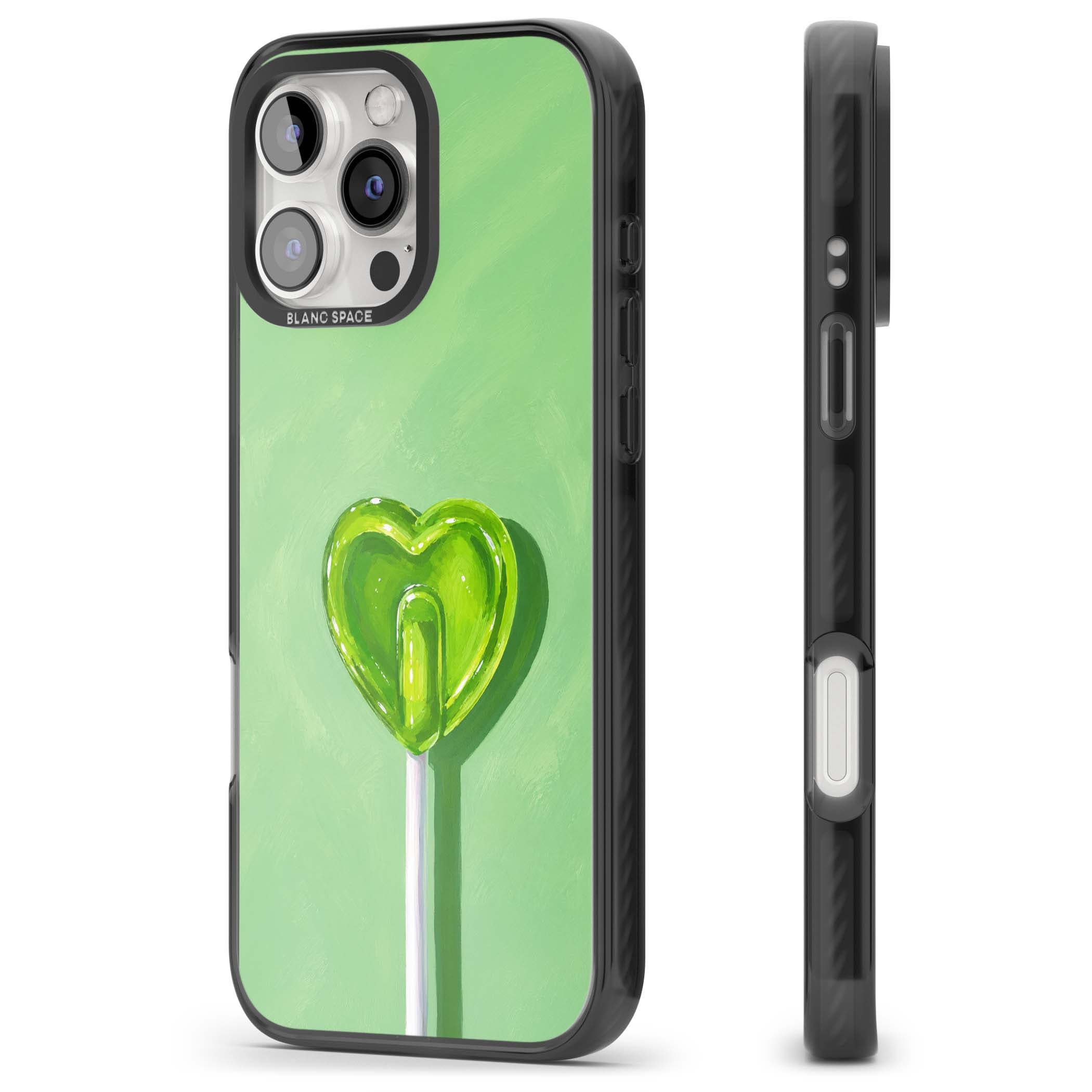 Green Lollipop candy art iPhone case featuring a glossy green heart-shaped lollipop on a painted pastel green background | Black Impact case for iPhone 16 Pro, iPhone 16 Pro Max