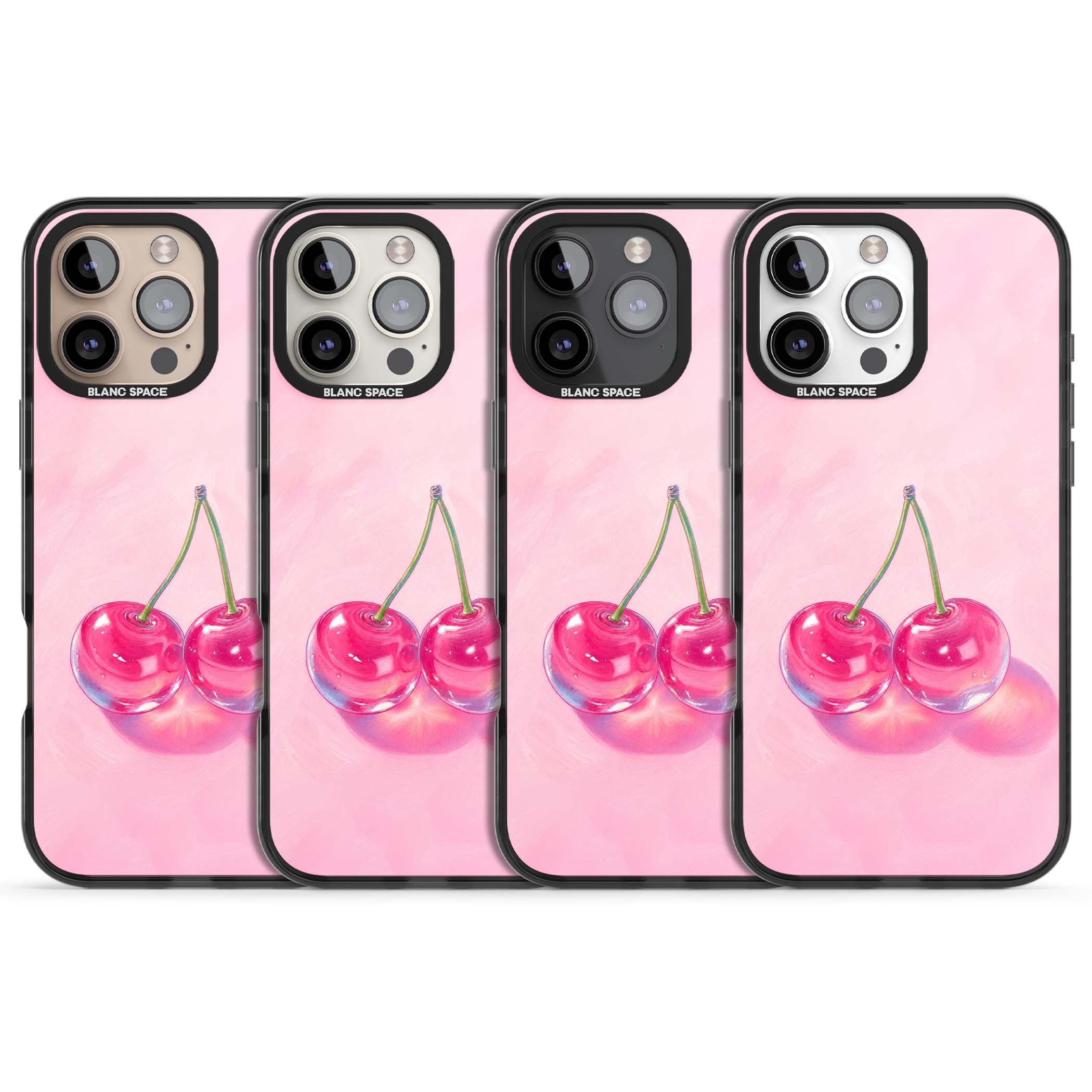 Pink Glass Cherry coquette iPhone case featuring two glossy painted cherries on a soft pink background | Black Impact case for iPhone 16 Pro, iPhone 16 Pro Max