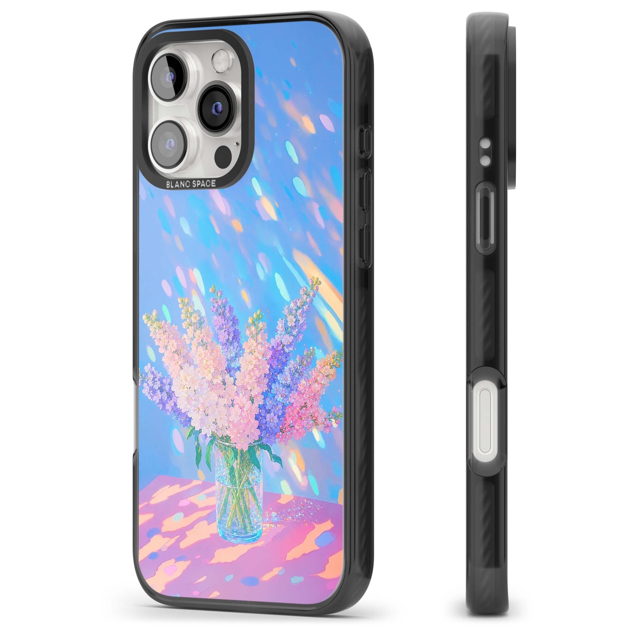 Bubblegum Flowers floral iPhone case featuring pastel lilac and pink bouquet in a glass vase with iridescent light | Black Impact case for iPhone 16 Pro, iPhone 16 Pro Max