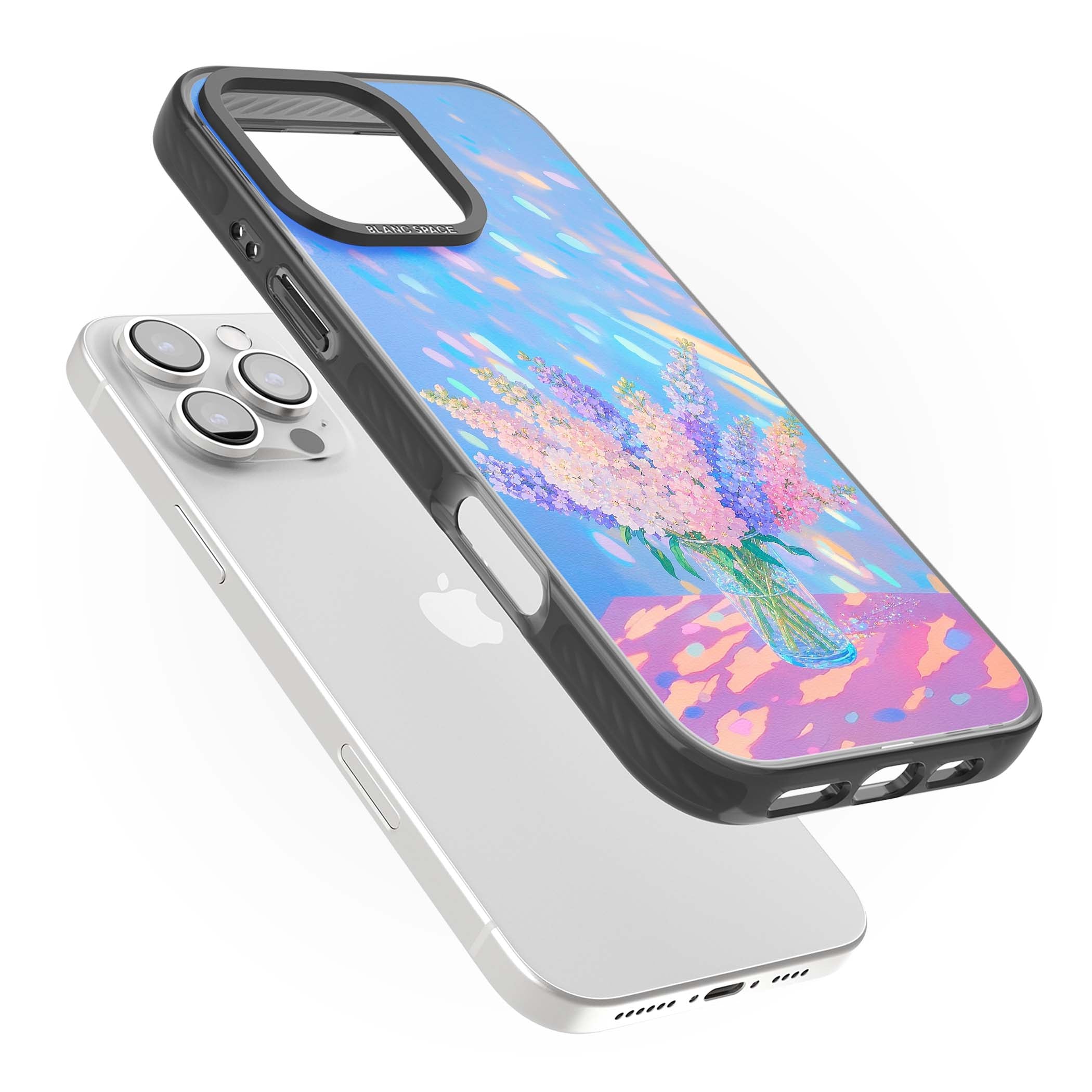 Bubblegum Flowers floral iPhone case featuring pastel lilac and pink bouquet in a glass vase with iridescent light | Black Impact case for iPhone 16 Pro, iPhone 16 Pro Max