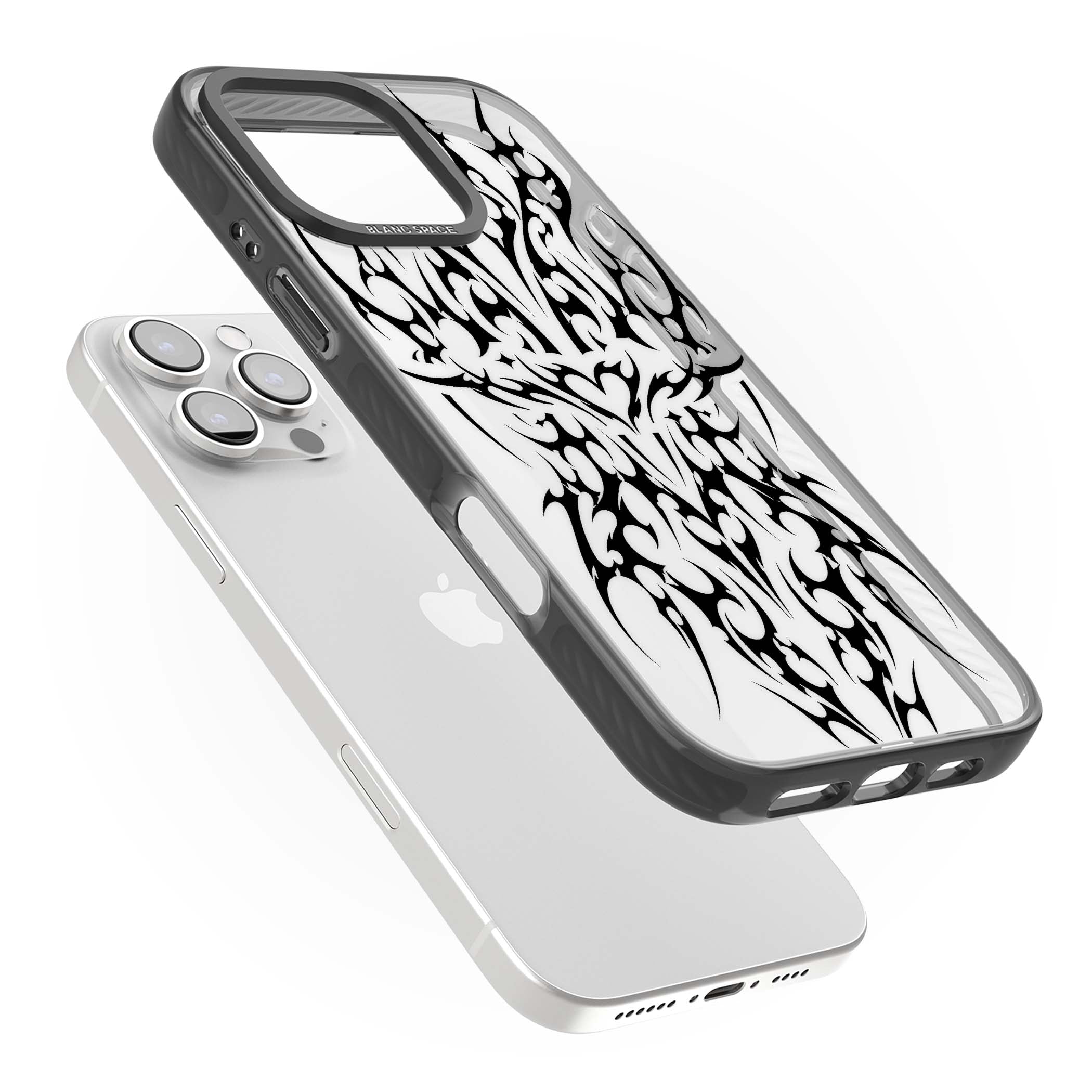 Neo Tribal Heart gothic iPhone case featuring symmetrical black tribal tattoo art with sharp thorn-like linework | Black Impact case for iPhone 16 Pro, iPhone 16 Pro Max