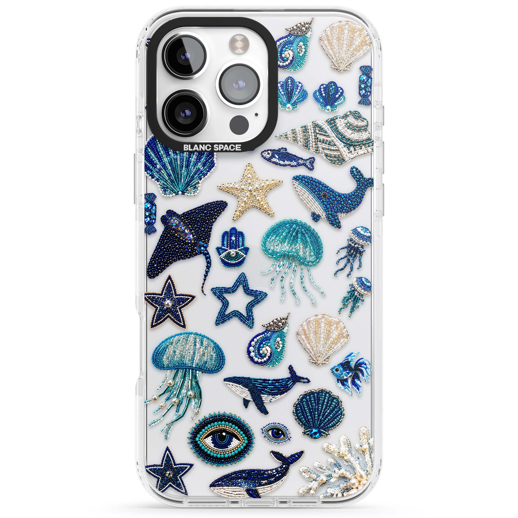Beaded Coastal coastal iPhone case featuring embroidered seashells, jellyfish and a blue whale on clear | Clear Impact case for iPhone 16 Pro, iPhone 16 Pro Max