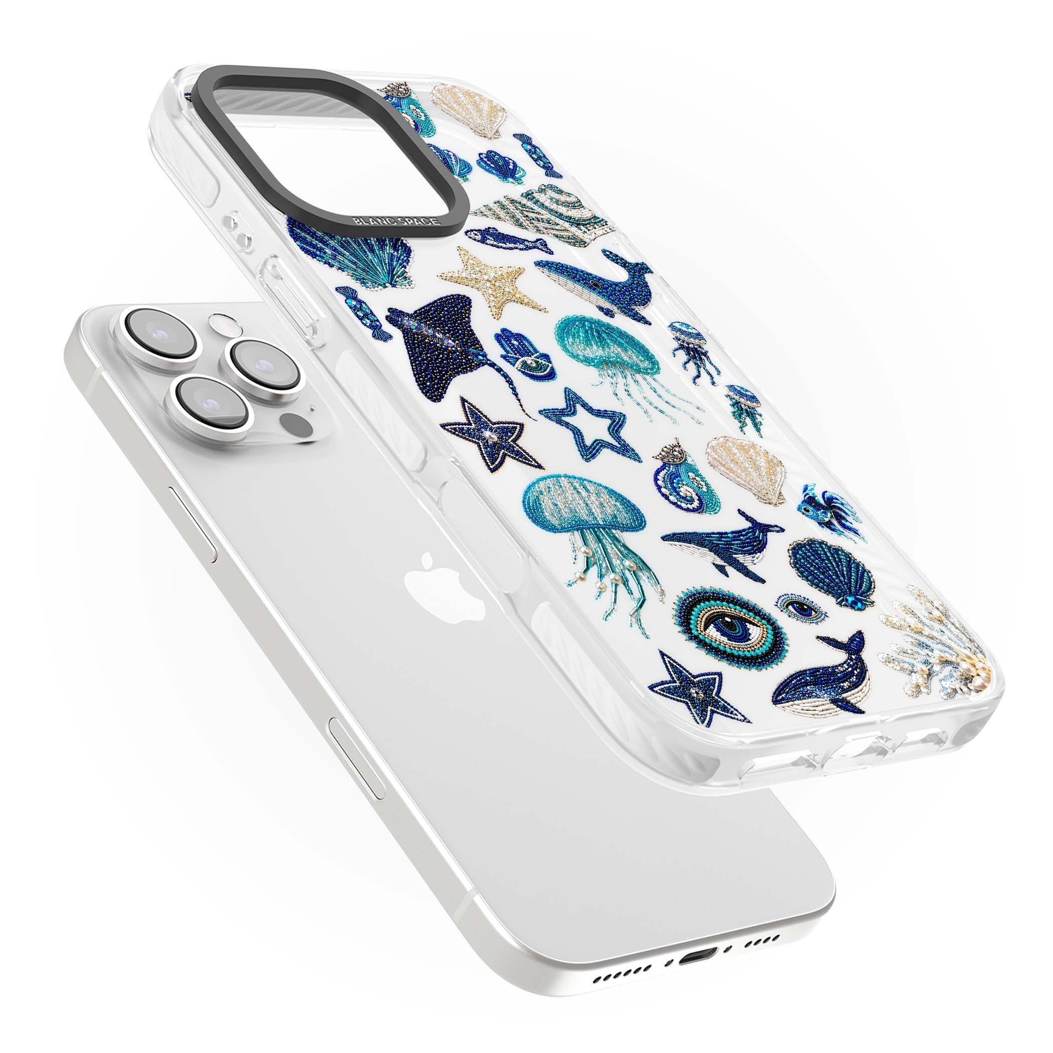 Beaded Coastal coastal iPhone case featuring embroidered seashells, jellyfish and a blue whale on clear | Clear Impact case for iPhone 16 Pro, iPhone 16 Pro Max