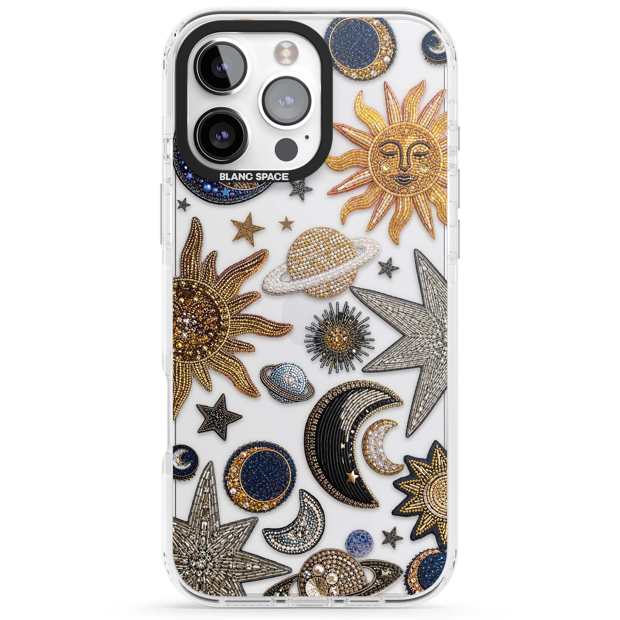 Beaded Cosmos celestial iPhone case featuring embroidered golden suns, beaded planets and silver shooting stars | Clear Impact case for iPhone 16 Pro, iPhone 16 Pro Max
