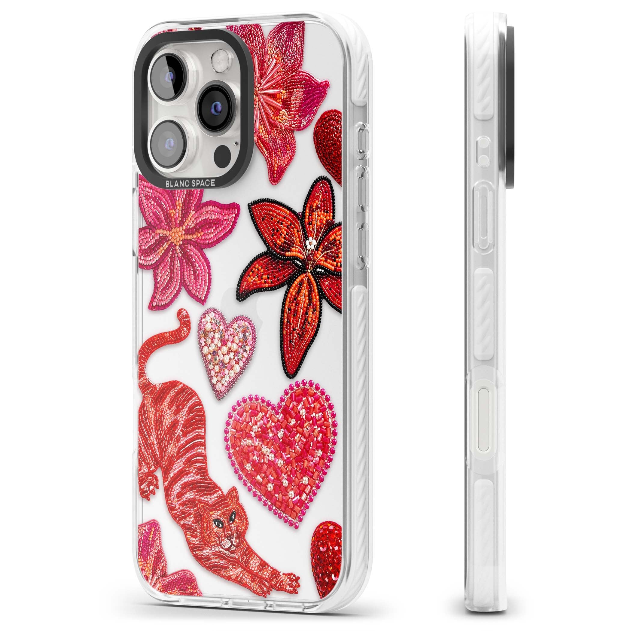 Beaded Boho floral iPhone case featuring beaded red lilies, a stitched tiger, and pearl-encrusted hearts on clear | Clear Impact case for iPhone 16 Pro, iPhone 16 Pro Max