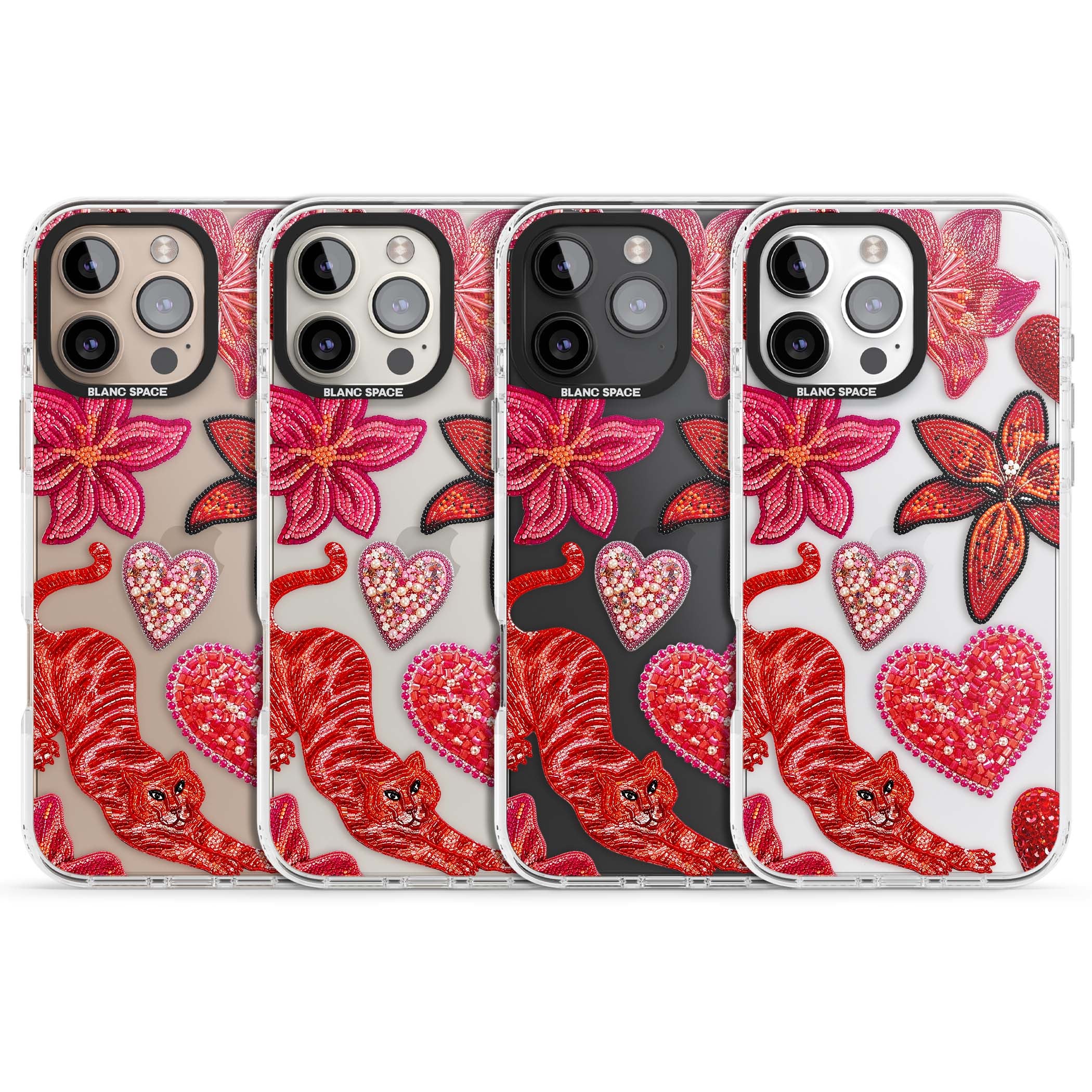 Beaded Boho floral iPhone case featuring beaded red lilies, a stitched tiger, and pearl-encrusted hearts on clear | Clear Impact case for iPhone 16 Pro, iPhone 16 Pro Max