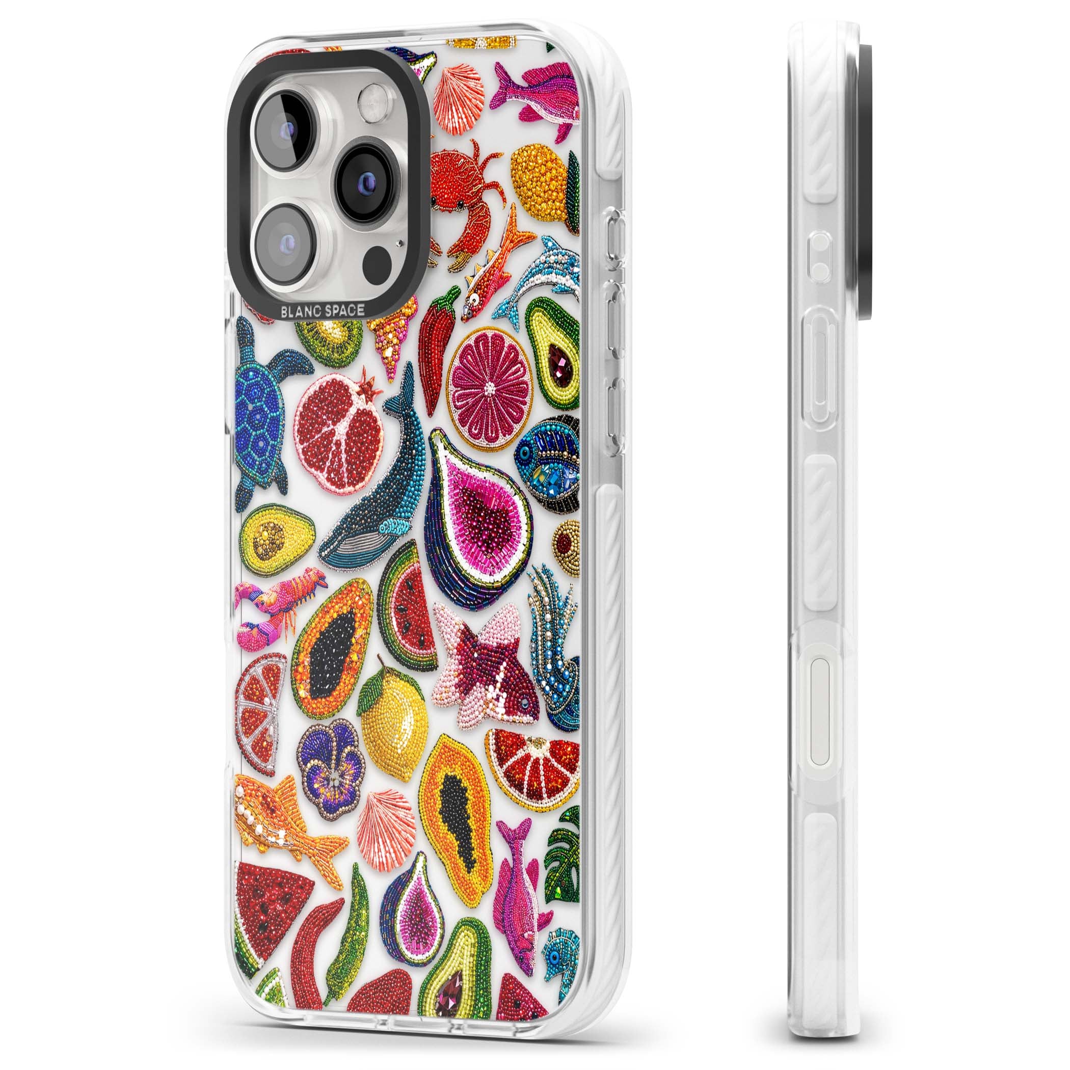 Beaded Tropic tropical iPhone case featuring beaded fruit, fish, crabs and seashells in vibrant colour | Clear Impact case for iPhone 16 Pro, iPhone 16 Pro Max