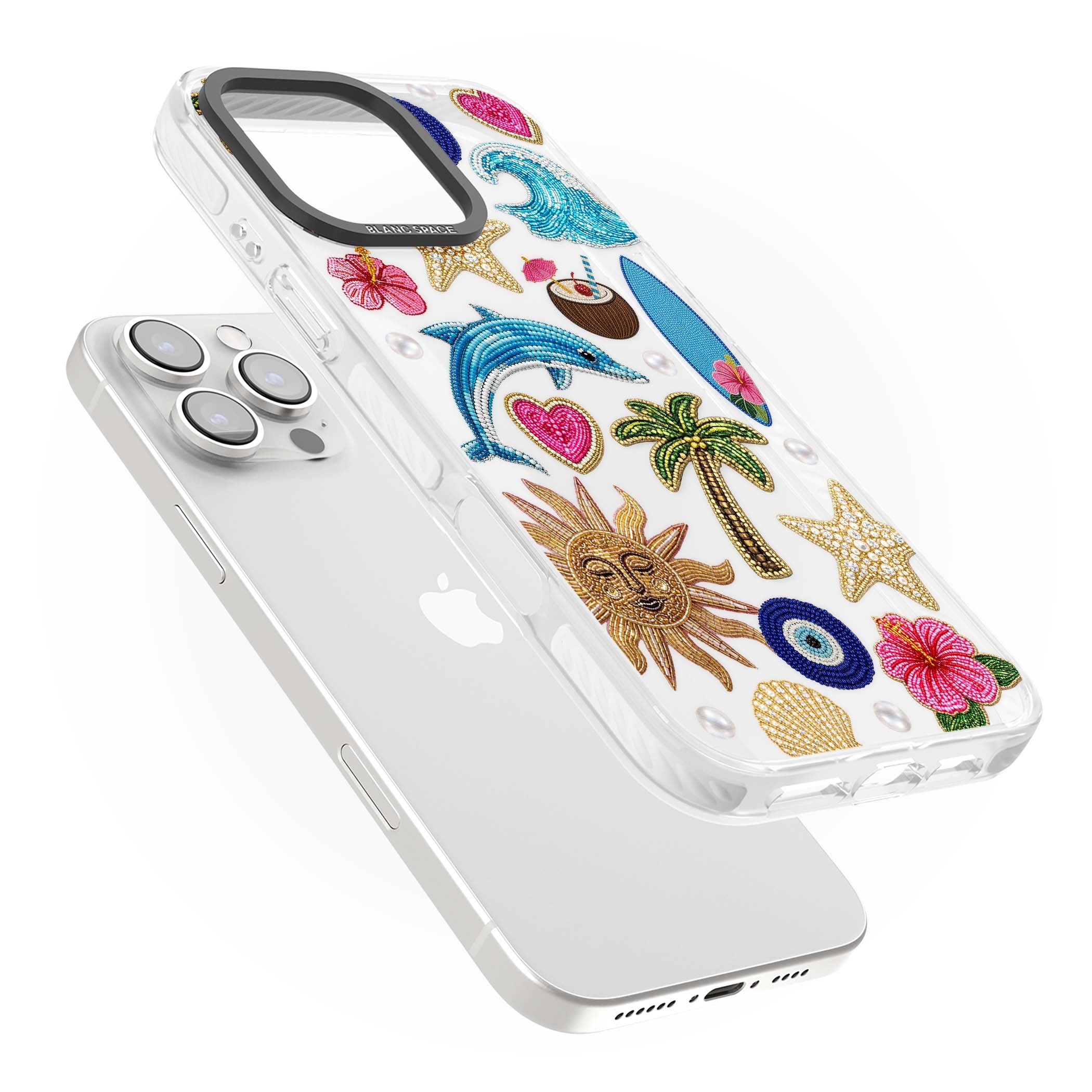 Beaded Beach coastal summer iPhone case featuring embroidered evil eye, hibiscus flowers, dolphin and palm tree patches | Clear Impact case for iPhone 16 Pro, iPhone 16 Pro Max