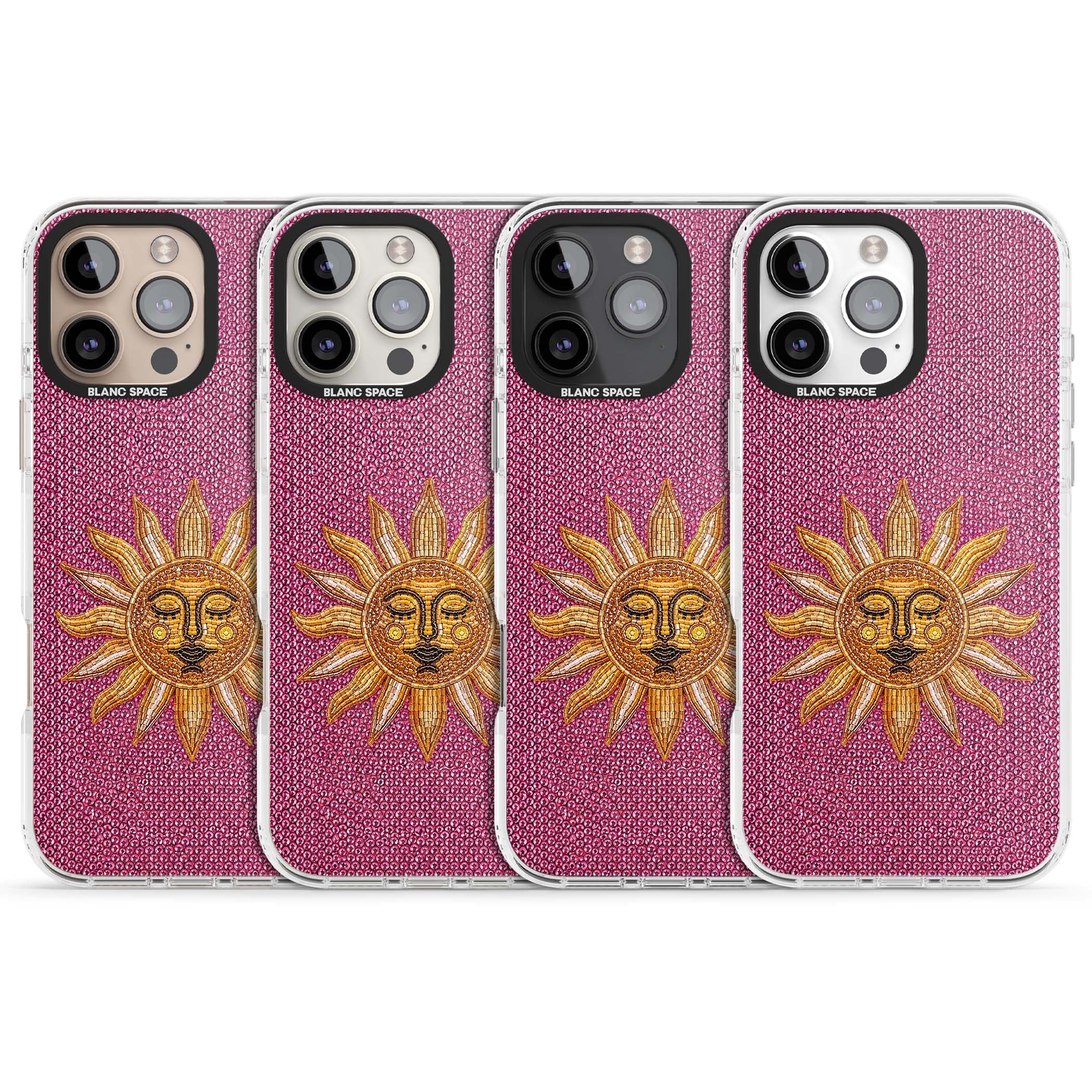 Beaded Sun celestial iPhone case featuring a golden beaded sun face with radiant rays on hot pink beaded background | Clear Impact case for iPhone 16 Pro, iPhone 16 Pro Max