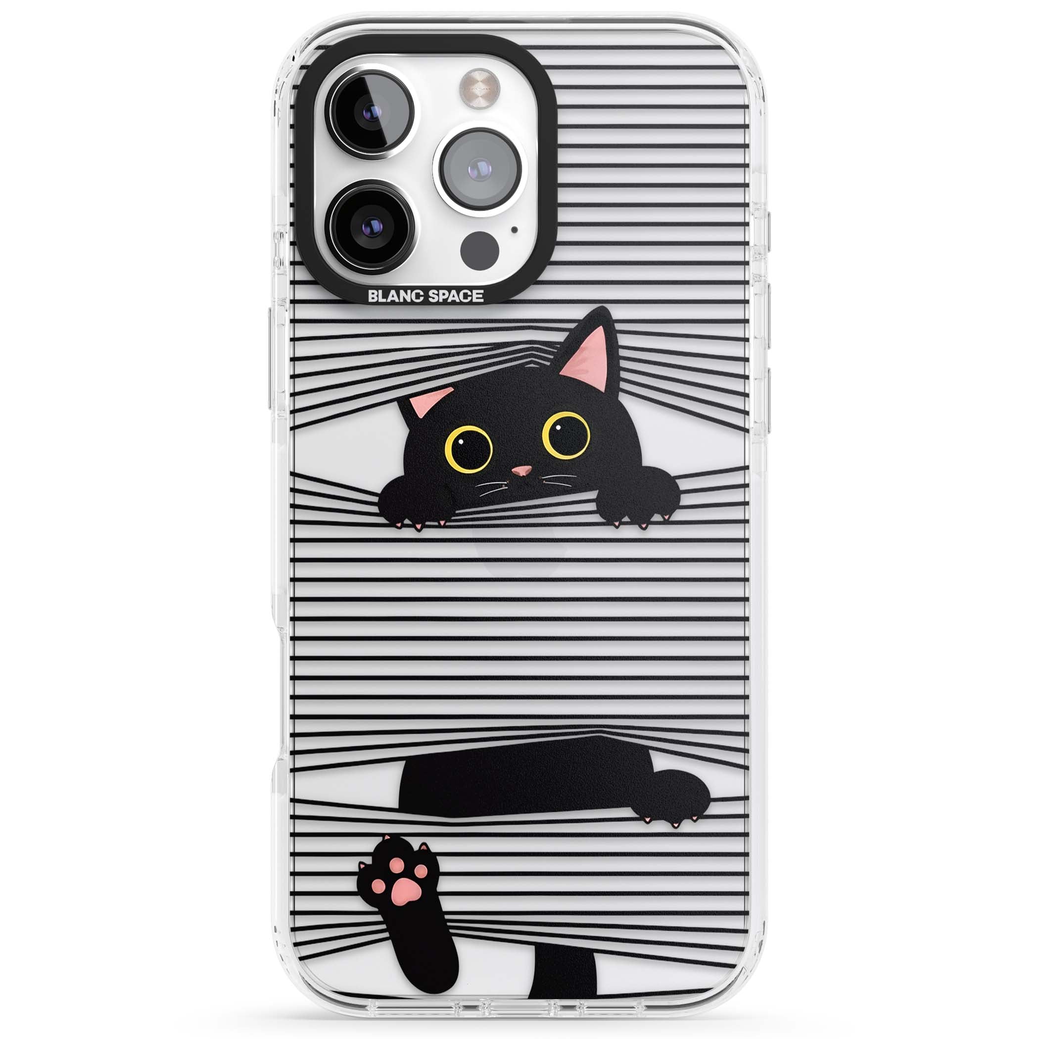 Peek-a-Boo Cat minimal iPhone case featuring black cat peeking through horizontal black and white stripes | Clear Impact case for iPhone 16 Pro, iPhone 16 Pro Max