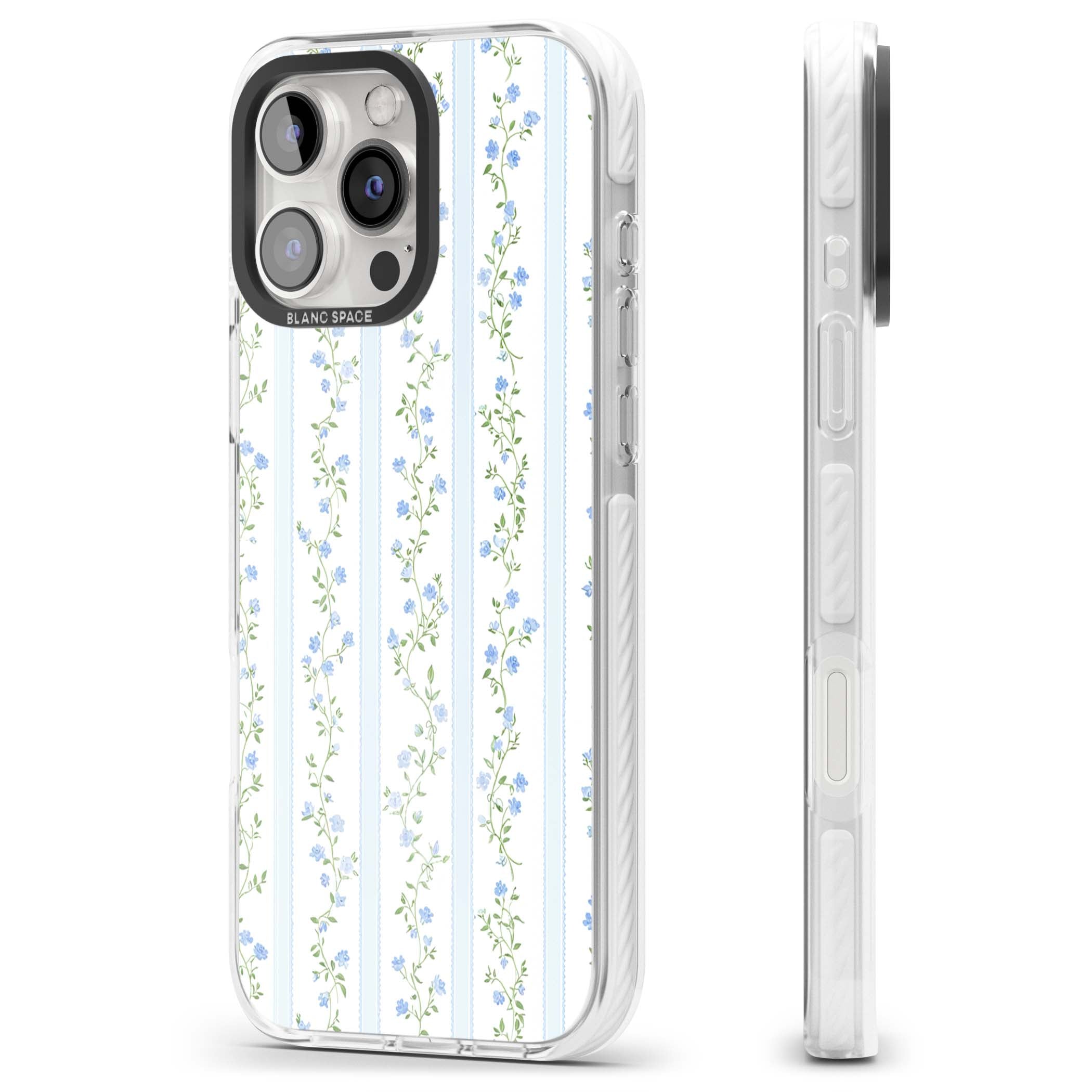 Bluebell Vine cottagecore iPhone case featuring climbing blue roses, trailing green vines, and pale ticking stripes | Clear Impact case for iPhone 16 Pro, iPhone 16 Pro Max