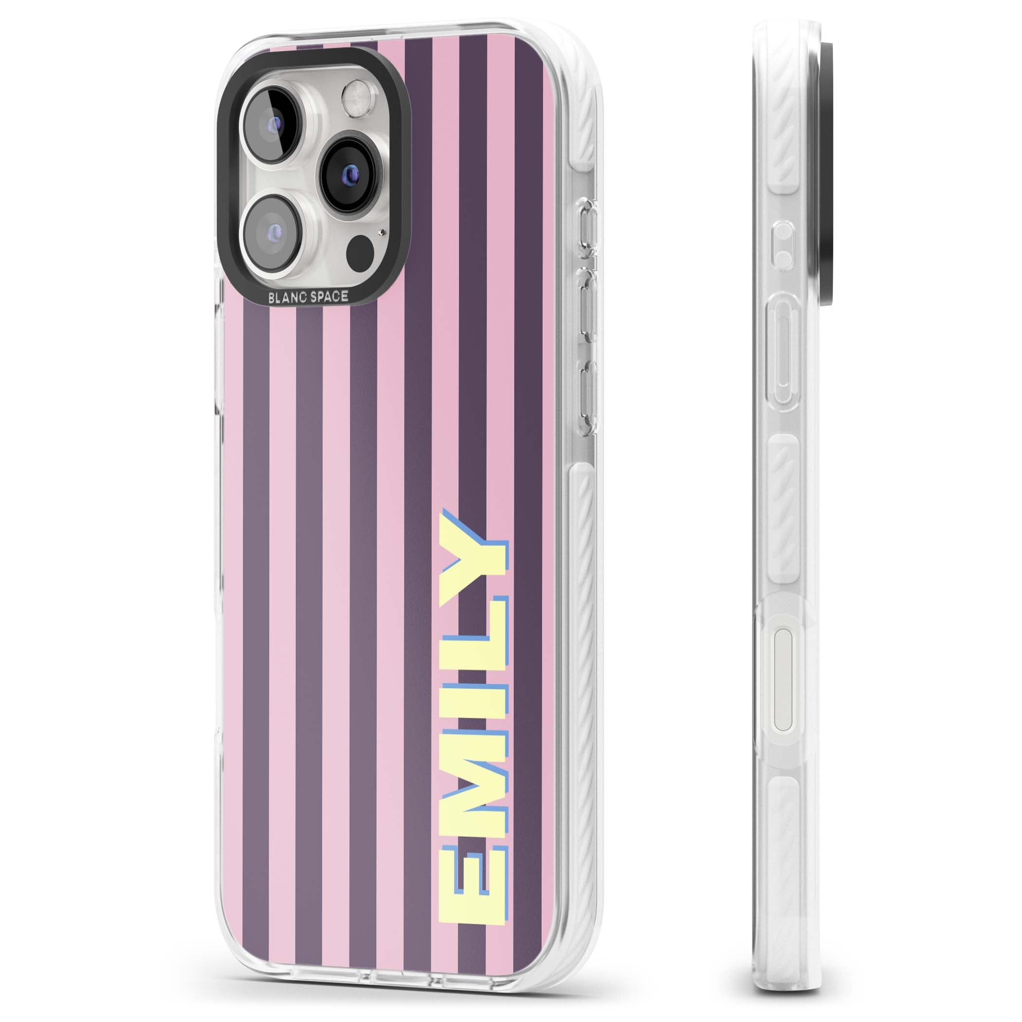 Tyre Stripe personalised stripe iPhone case with plum and pink vertical stripes and custom yellow name | Clear Impact case for iPhone 16 Pro, iPhone 16 Pro Max