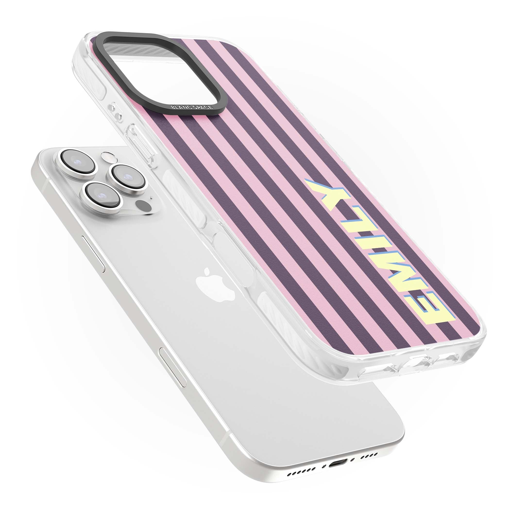 Tyre Stripe personalised stripe iPhone case with plum and pink vertical stripes and custom yellow name | Clear Impact case for iPhone 16 Pro, iPhone 16 Pro Max