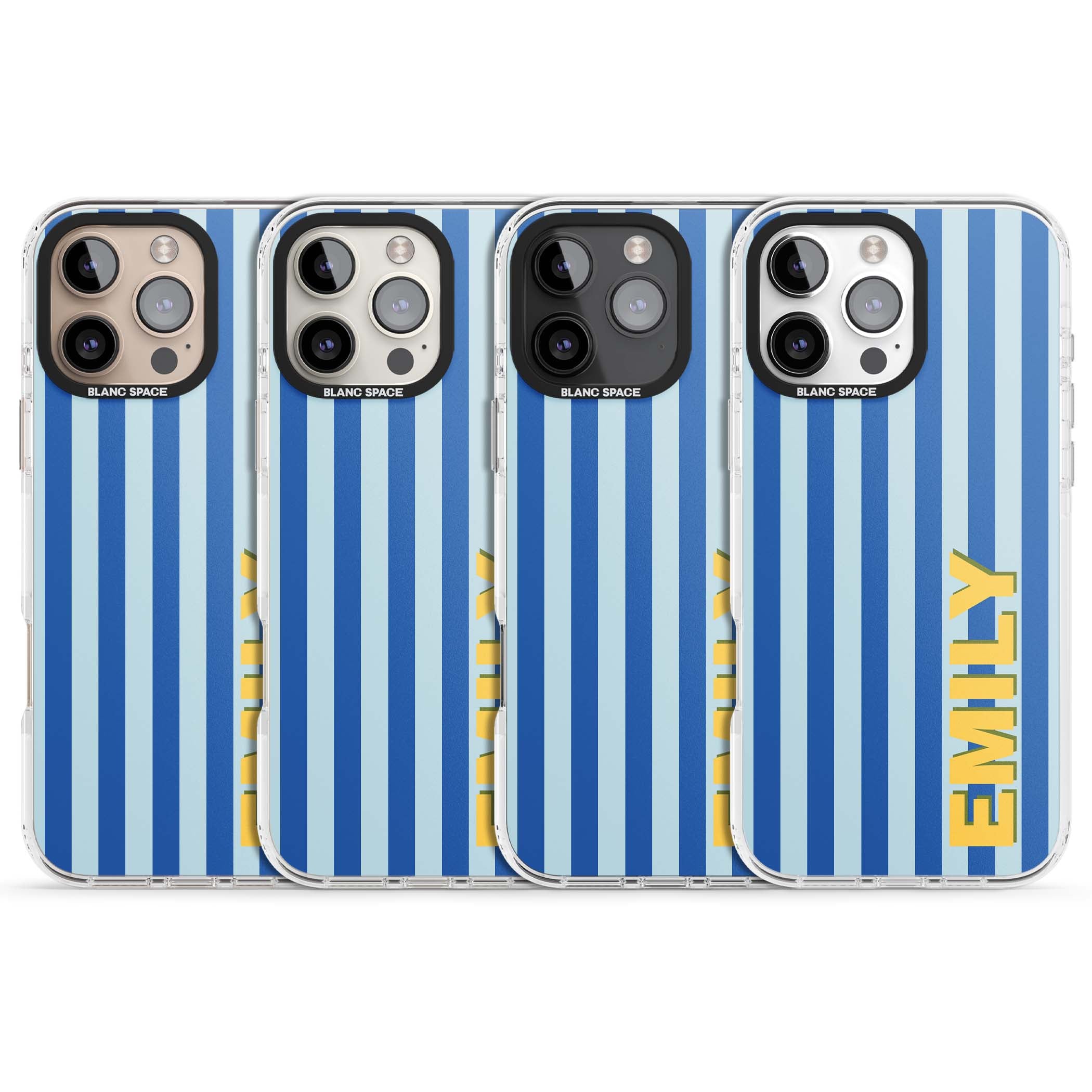 Athenian Stripe personalised preppy iPhone case featuring blue vertical stripes and a custom yellow name | Clear Impact case for iPhone 16 Pro, iPhone 16 Pro Max