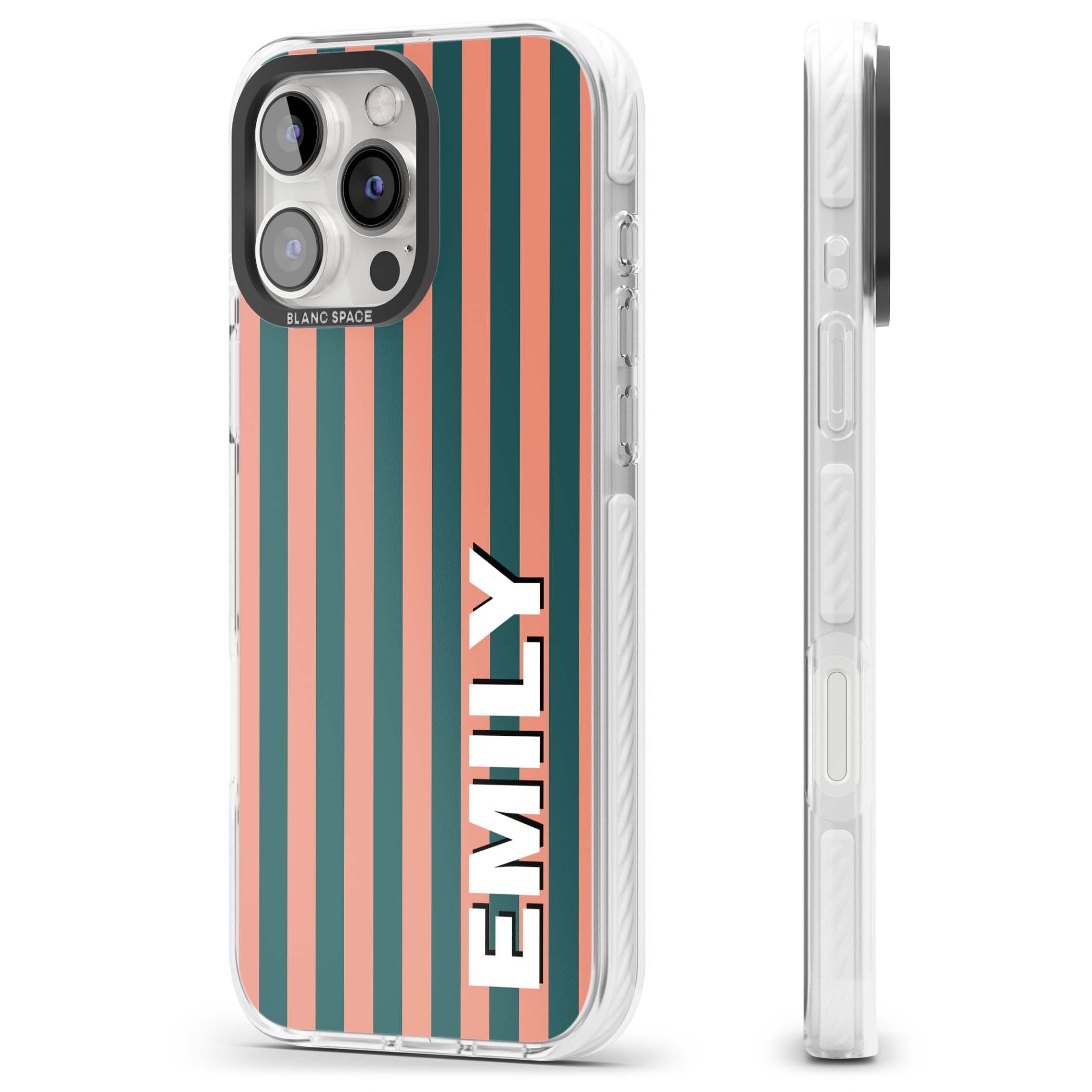 Tuscan Stripe personalised iPhone case featuring coral and green vertical stripes with bold custom name | Clear Impact case for iPhone 16 Pro, iPhone 16 Pro Max