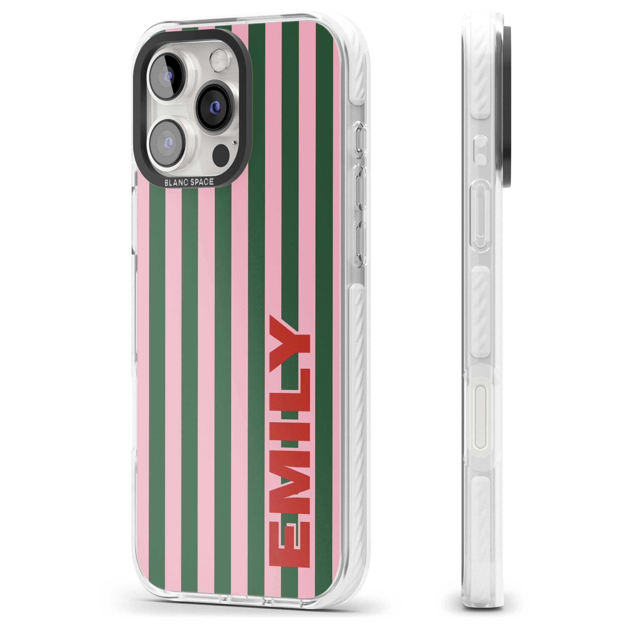 Italian Stripe preppy iPhone case featuring pink and green vertical stripes with personalised red name | Clear Impact case for iPhone 16 Pro, iPhone 16 Pro Max