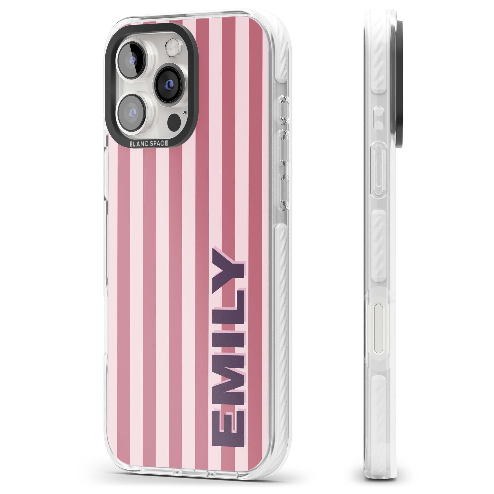 Victoria Stripe personalised iPhone case featuring pink vertical stripes and custom name in bold plum lettering | Clear Impact case for iPhone 16 Pro, iPhone 16 Pro Max