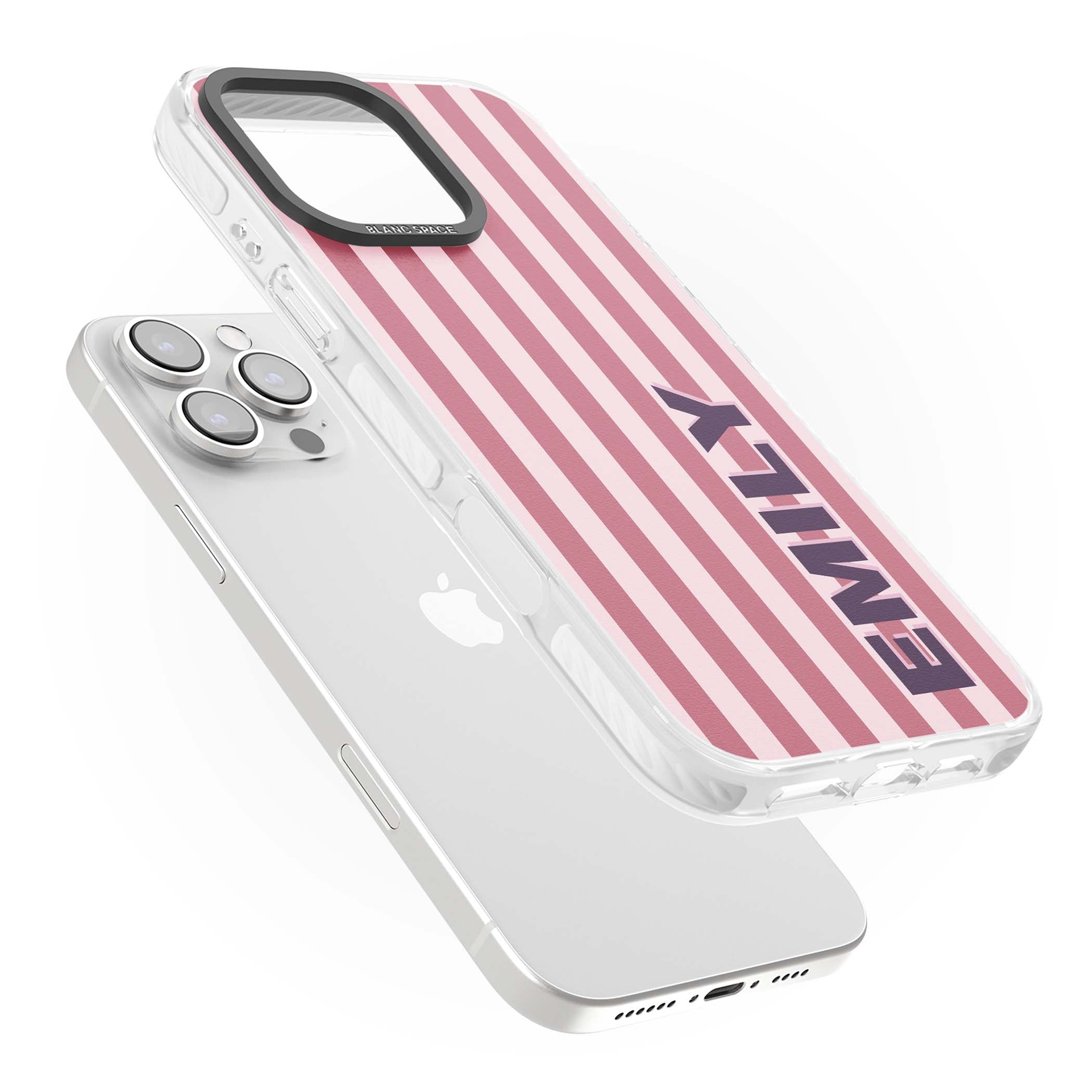 Victoria Stripe personalised iPhone case featuring pink vertical stripes and custom name in bold plum lettering | Clear Impact case for iPhone 16 Pro, iPhone 16 Pro Max