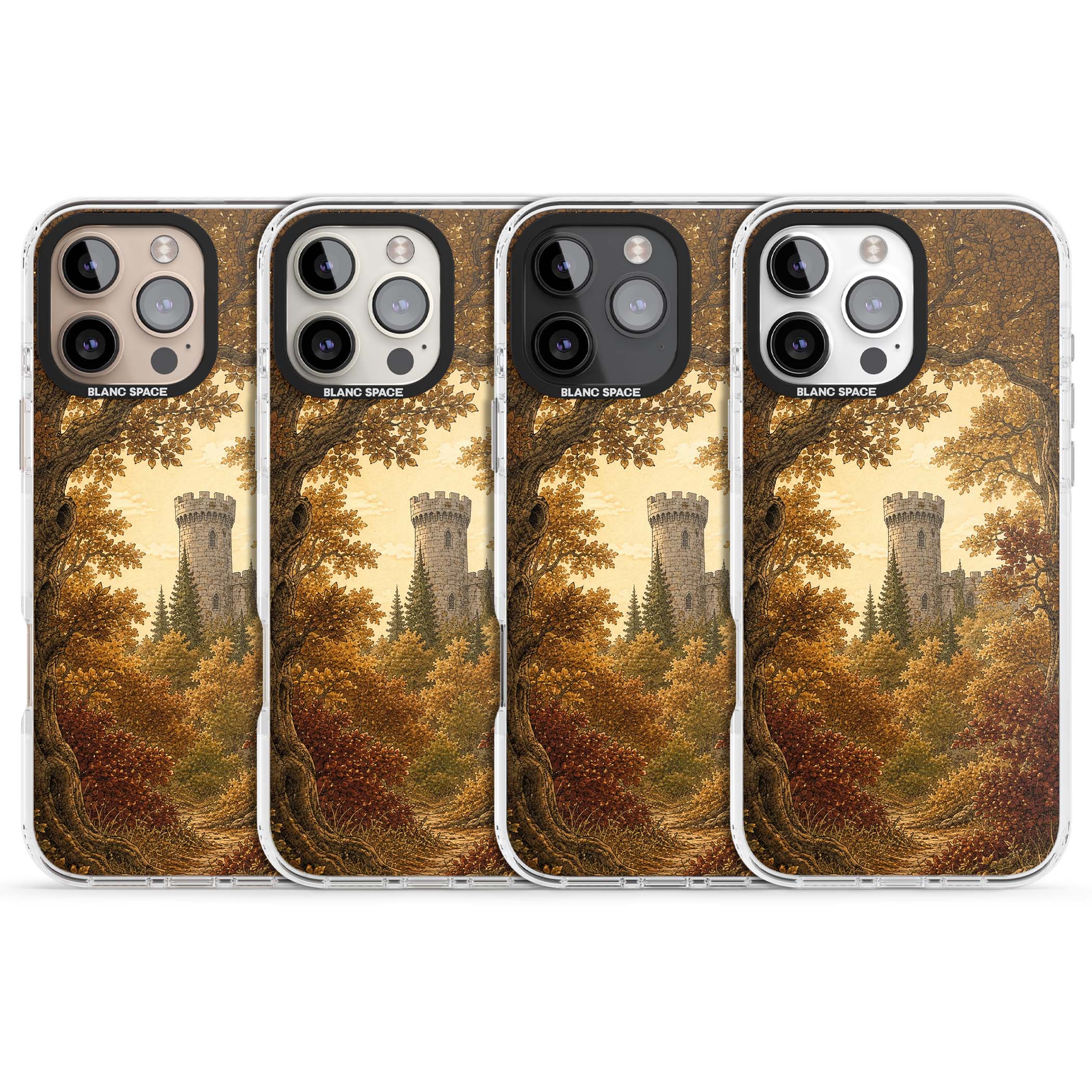 Autumn Keep cottagecore iPhone case featuring a medieval castle tower framed by golden autumn trees and woodland foliage | Clear Impact case for iPhone 16 Pro, iPhone 16 Pro Max