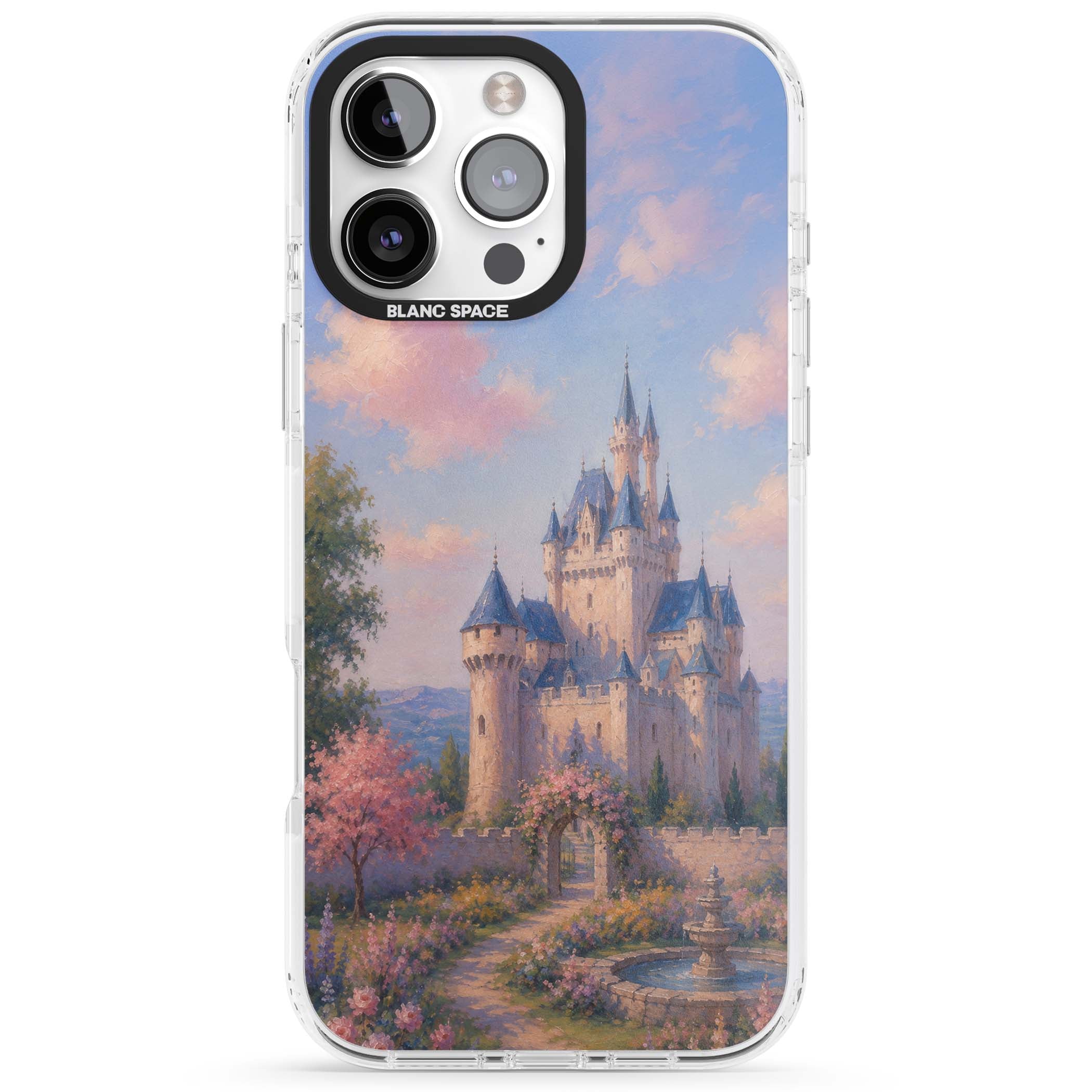 Enchanted Kingdom fairytale iPhone case featuring a romantic castle painting with cherry blossoms and pastel pink sky | Clear Impact case for iPhone 16 Pro, iPhone 16 Pro Max