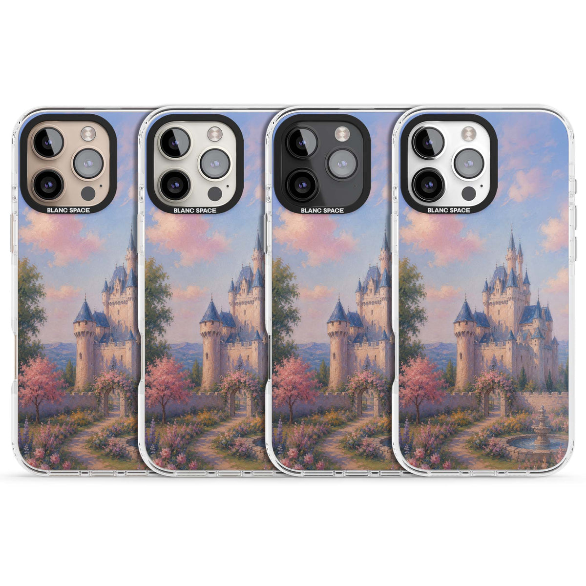 Enchanted Kingdom fairytale iPhone case featuring a romantic castle painting with cherry blossoms and pastel pink sky | Clear Impact case for iPhone 16 Pro, iPhone 16 Pro Max