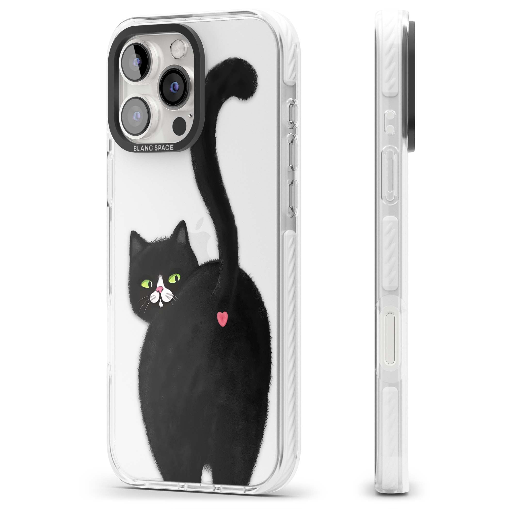 The Cat's Kiss cute cat iPhone case featuring a hand-painted tuxedo kitty with green eyes and a pink heart on a clear | Clear Impact case for iPhone 16 Pro, iPhone 16 Pro Max