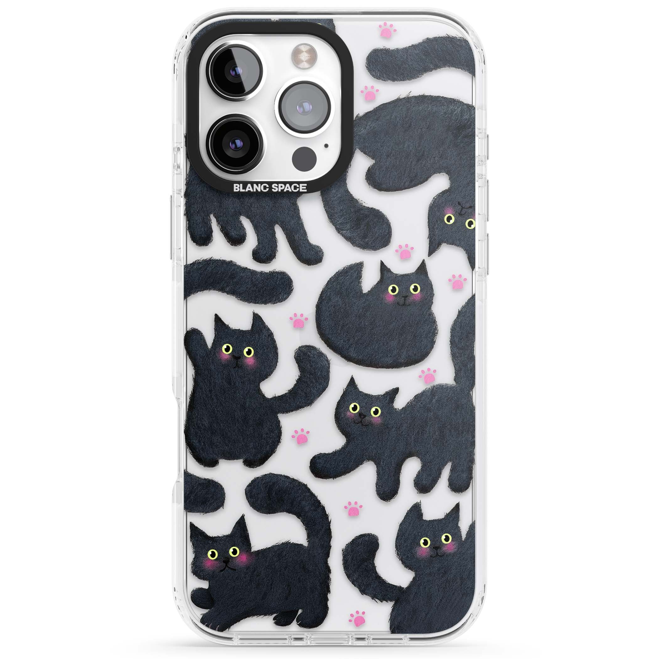 Midnight Cats cute iPhone case featuring black cat pattern with yellow eyes and pink paw prints | Clear Impact case for iPhone 16 Pro, iPhone 16 Pro Max