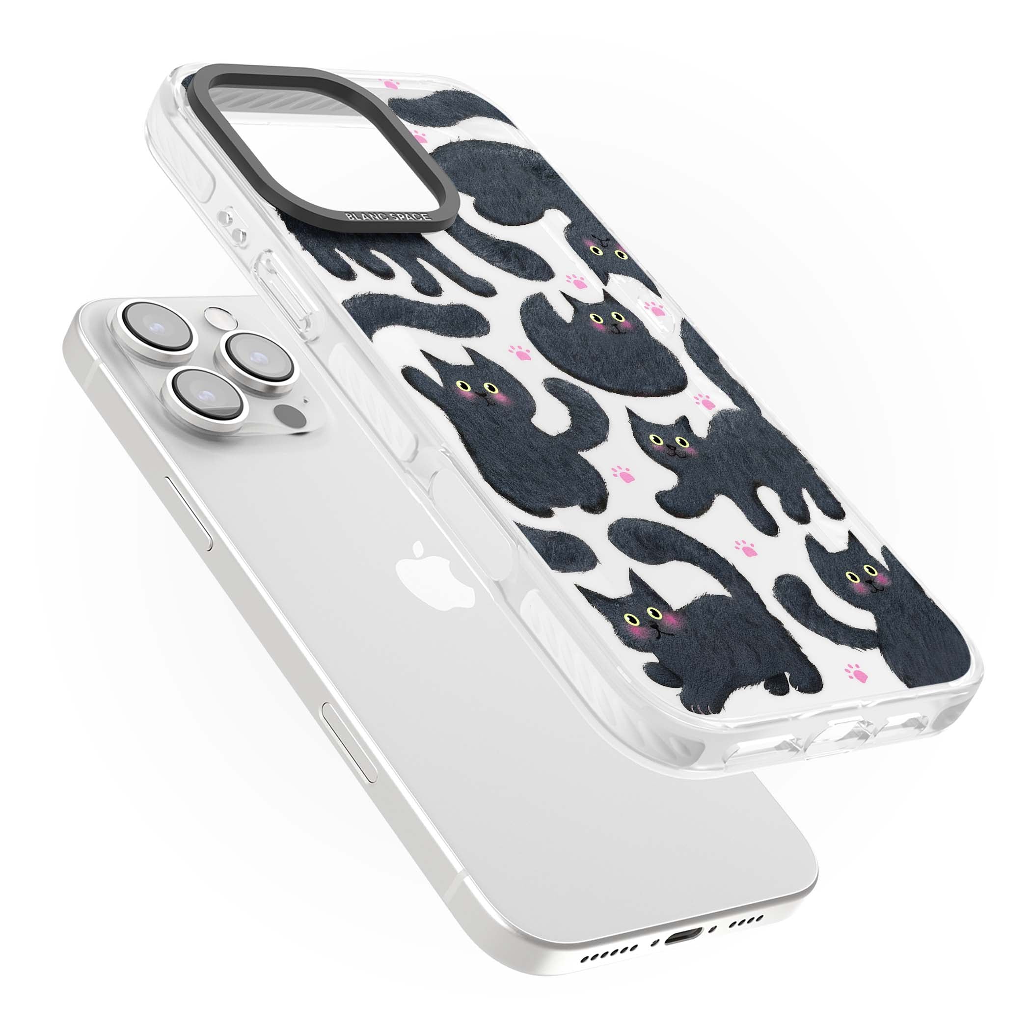 Midnight Cats cute iPhone case featuring black cat pattern with yellow eyes and pink paw prints | Clear Impact case for iPhone 16 Pro, iPhone 16 Pro Max