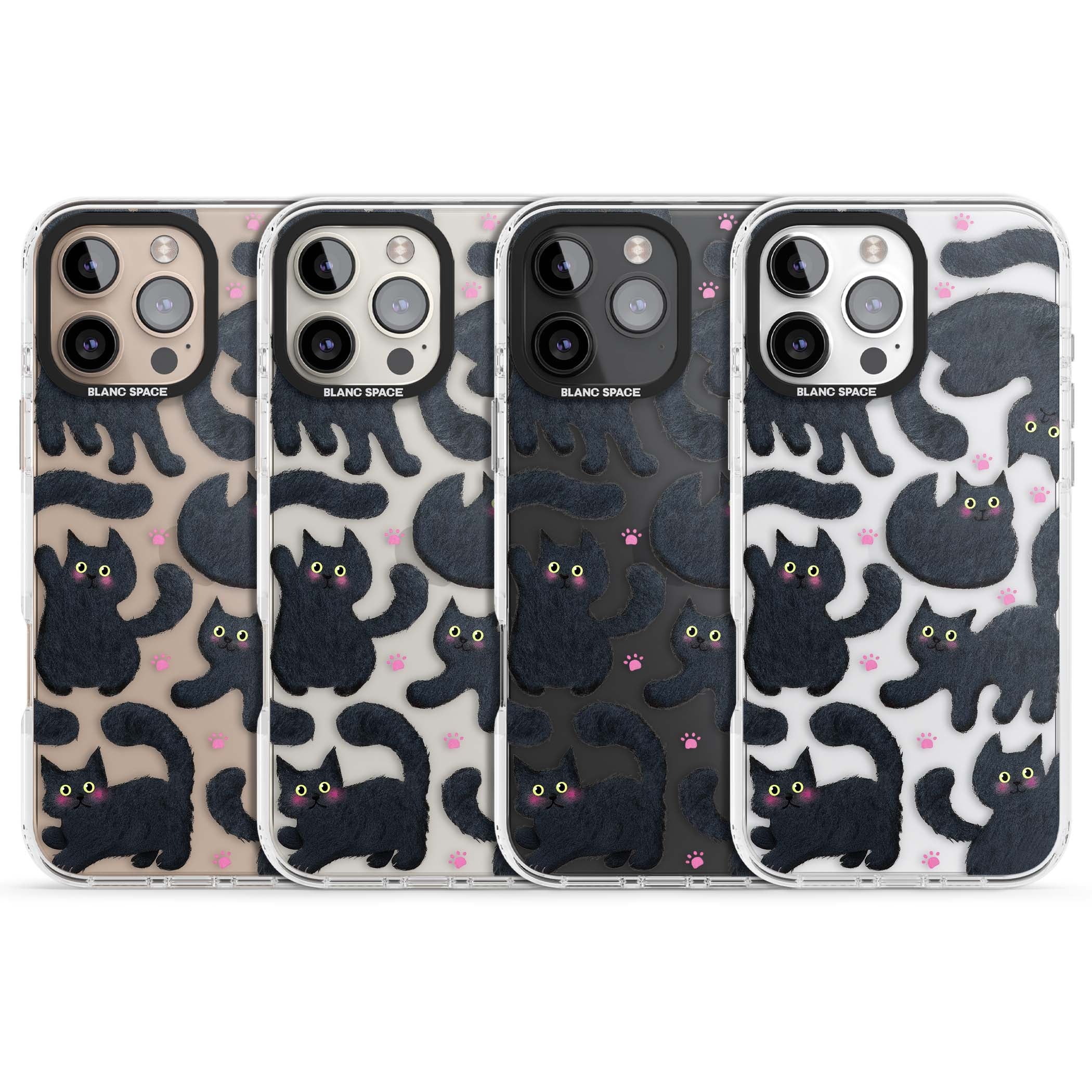 Midnight Cats cute iPhone case featuring black cat pattern with yellow eyes and pink paw prints | Clear Impact case for iPhone 16 Pro, iPhone 16 Pro Max