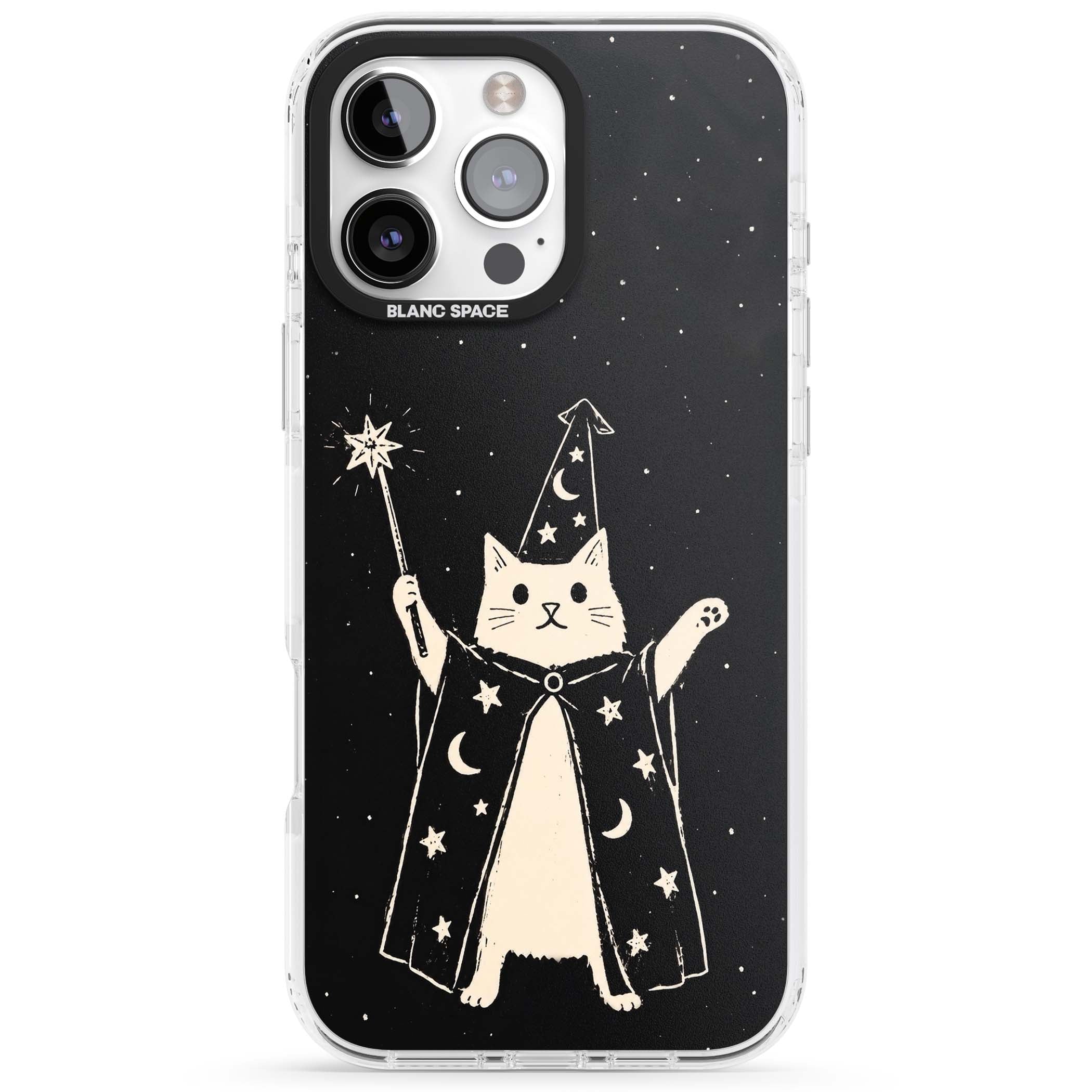 Whisker Wizard celestial cat iPhone case featuring a wizard cat with magic wand, starry night sky and crescent moons | Clear Impact case for iPhone 16 Pro, iPhone 16 Pro Max