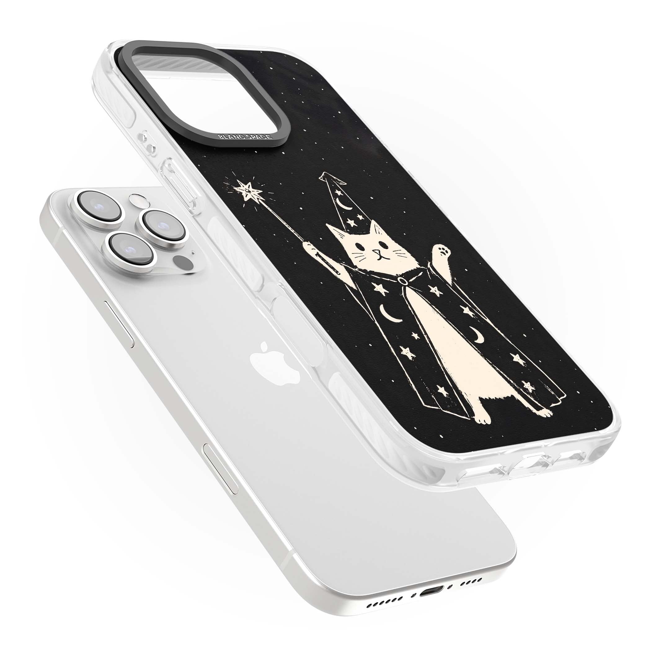 Whisker Wizard celestial cat iPhone case featuring a wizard cat with magic wand, starry night sky and crescent moons | Clear Impact case for iPhone 16 Pro, iPhone 16 Pro Max